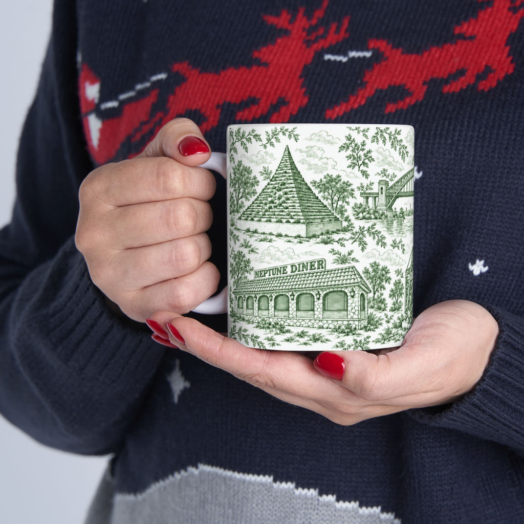 Astoria Green Toile Cityscape Ceramic Mug — 11oz Decorative Coffee Cup