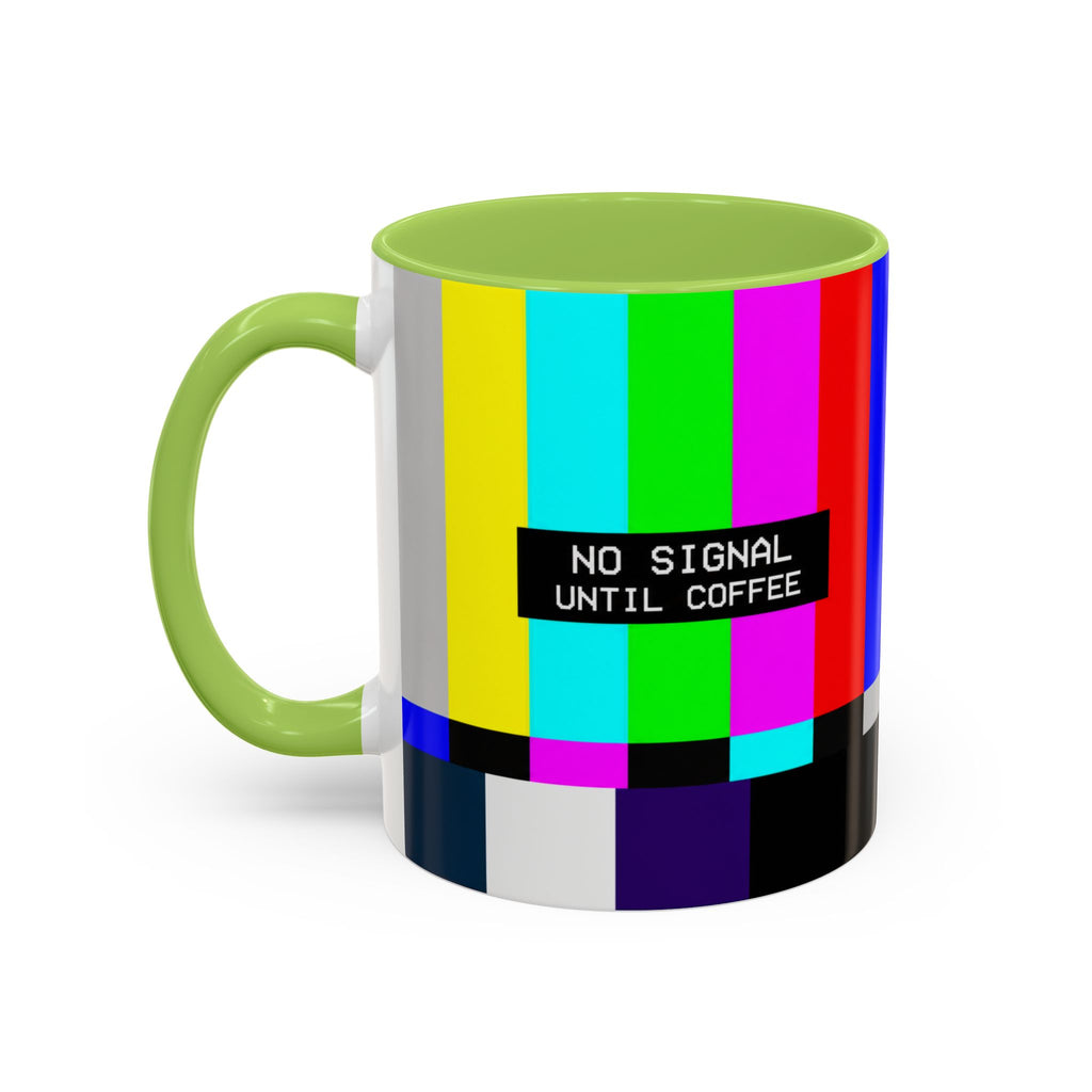 "No Signal Until Coffee" Accent Mug —  TV Rainbow Test Pattern Coffee Mug