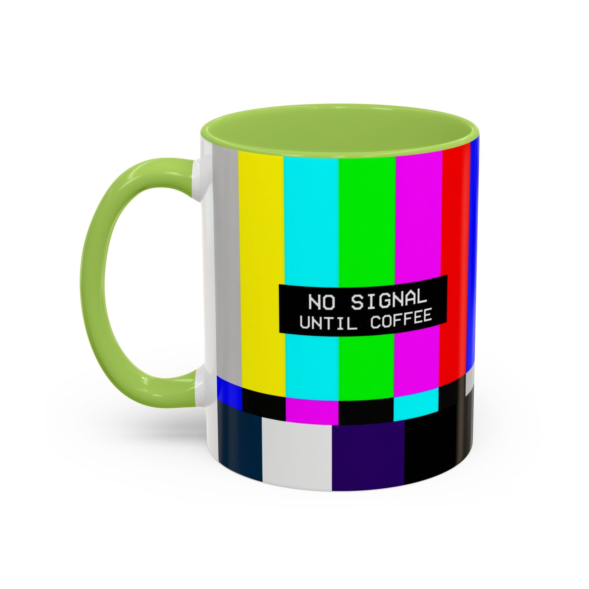 "No Signal Until Coffee" Accent Mug —  TV Rainbow Test Pattern Coffee Mug