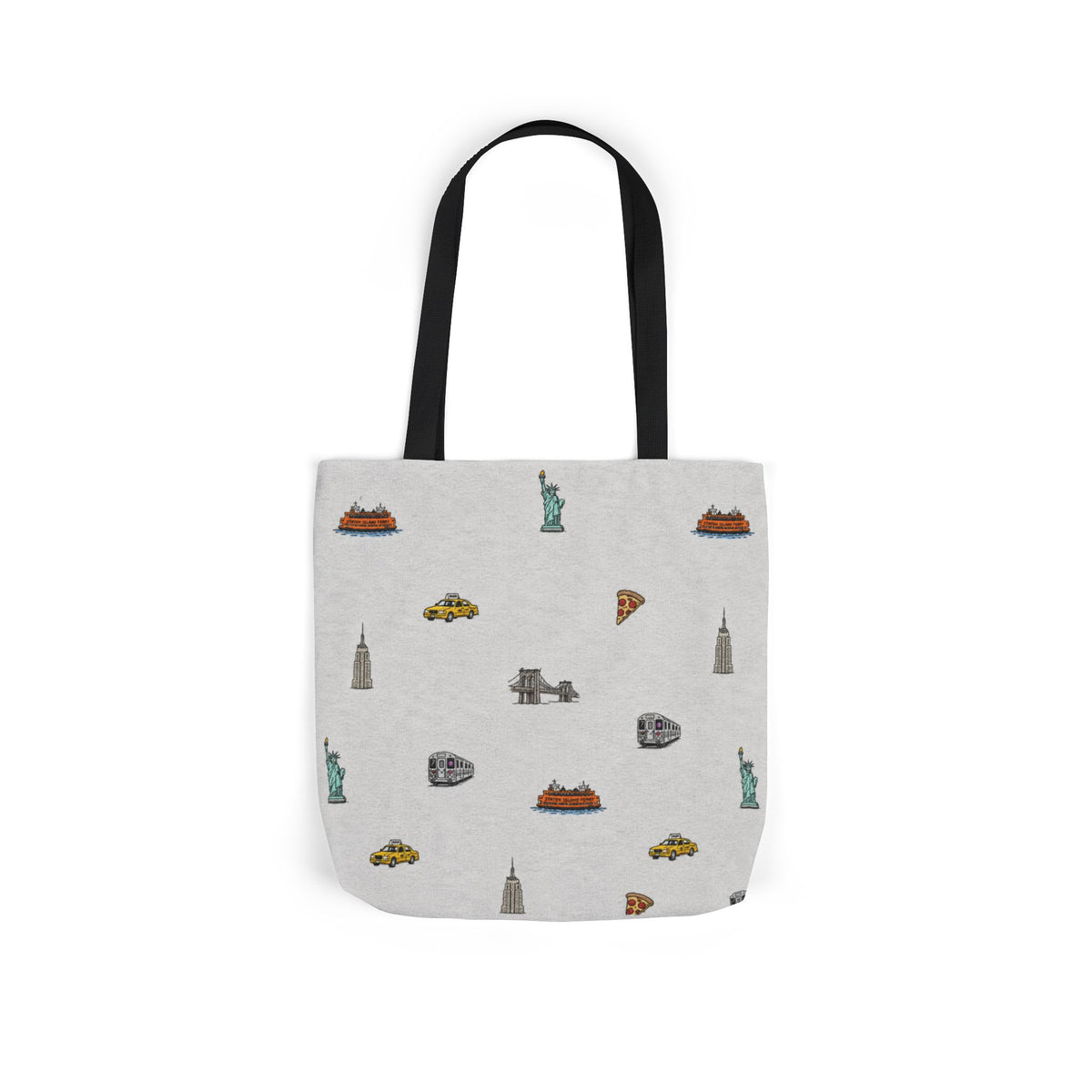 Icons of New York Heather Gray Canvas Tote — Statue of Liberty, Pizza & Taxi Pattern