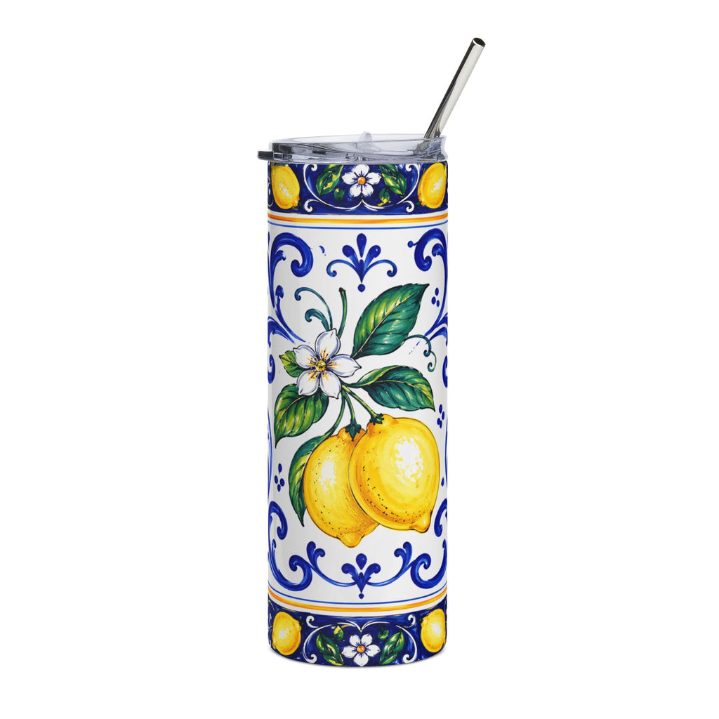 Vaso térmico de acero inoxidable Little Italy Amalfi azul y blanco con limones – Vaso de viaje aislado de 20 oz con patrón de cítricos