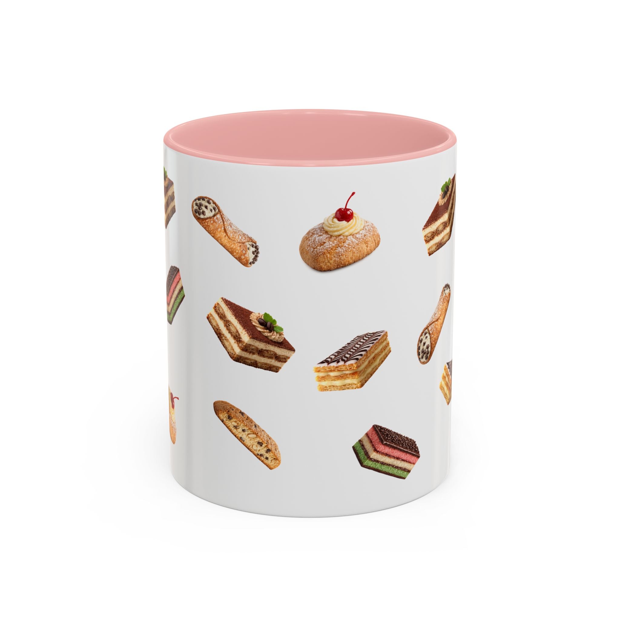 NYC Italian Bakery Pattern Accent Mug | Cannoli Rainbow Cookie Zeppoli Tiramisu Biscotti Napoleon 11oz Ceramic Coffee Cup