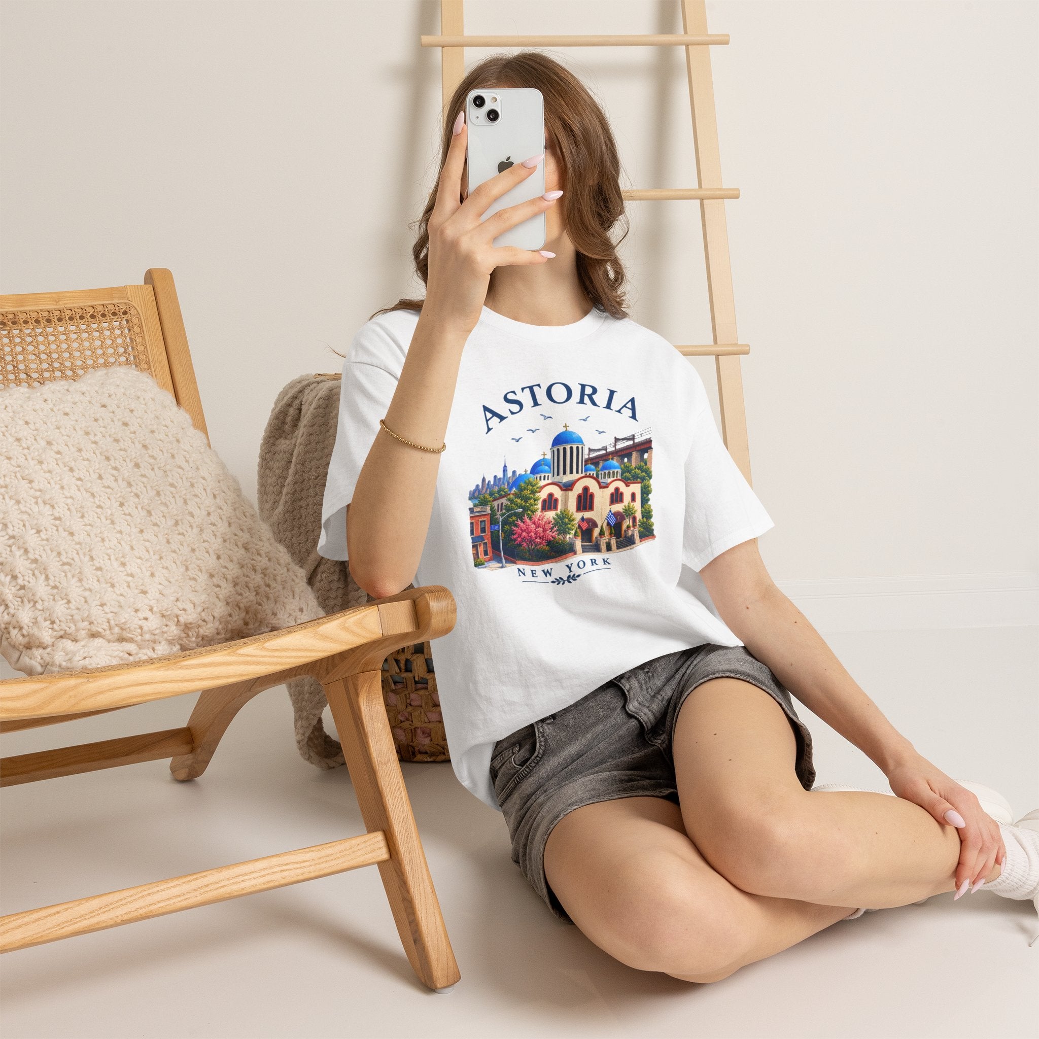 Astoria New York Travel T-Shirt   Santorini-inspired Queens Tee
