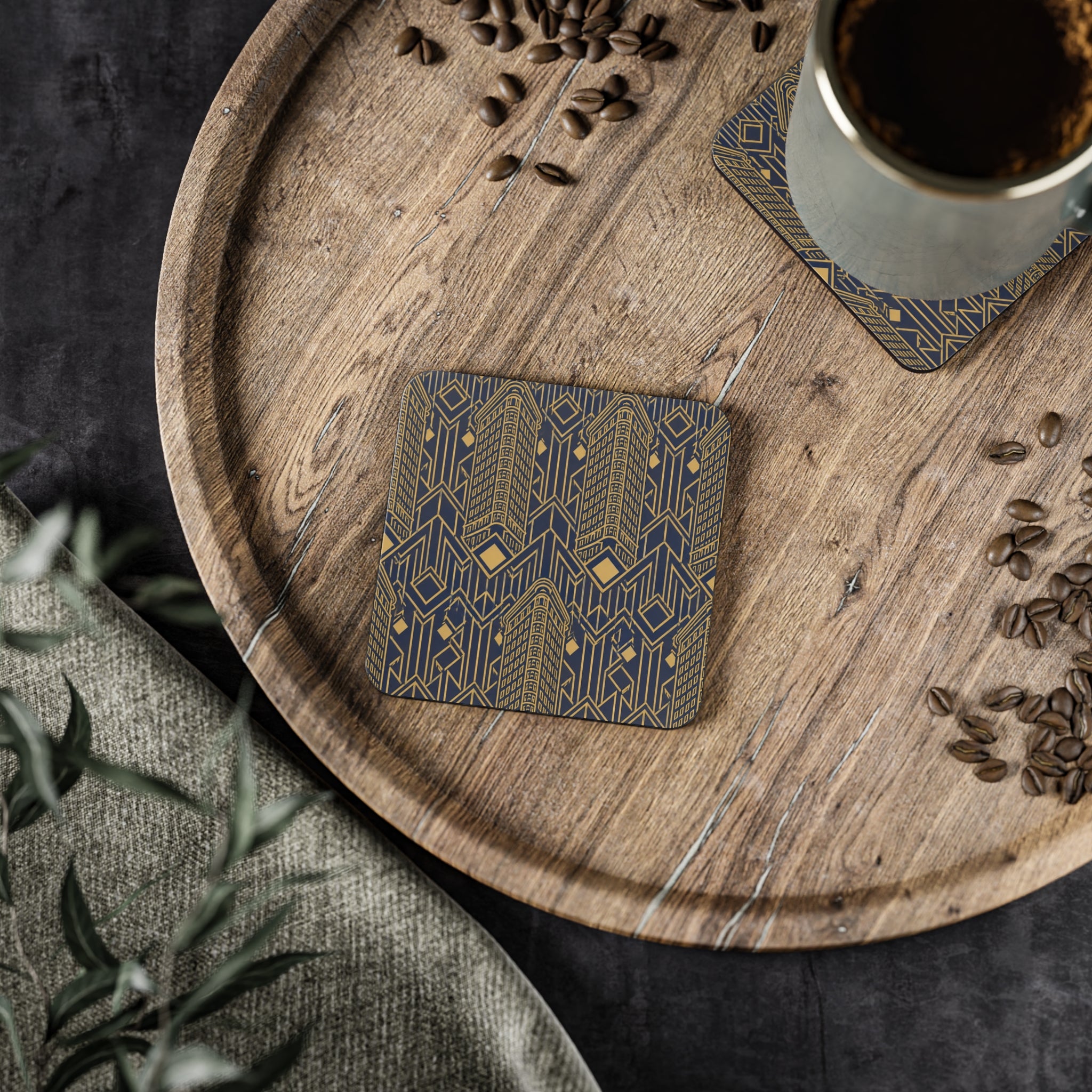 Art Deco Flatiron Building Gold & Navy Cork Coaster Set — Geometric Vintage Cocktail Coasters Set of 4