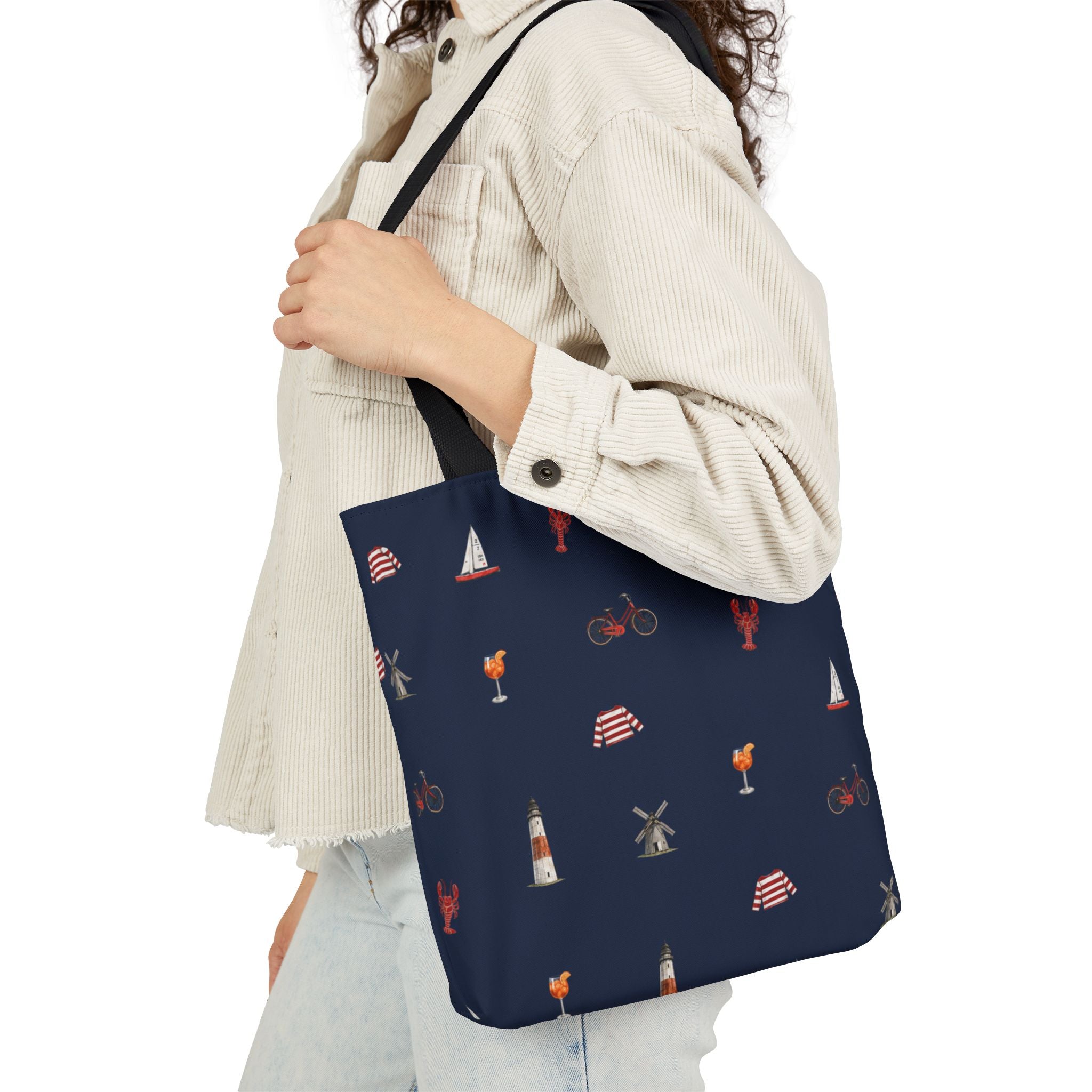 Icons of The Hamptons Blue Canvas Tote — Lighthouse, Windmill, Lobster, Sailboat print