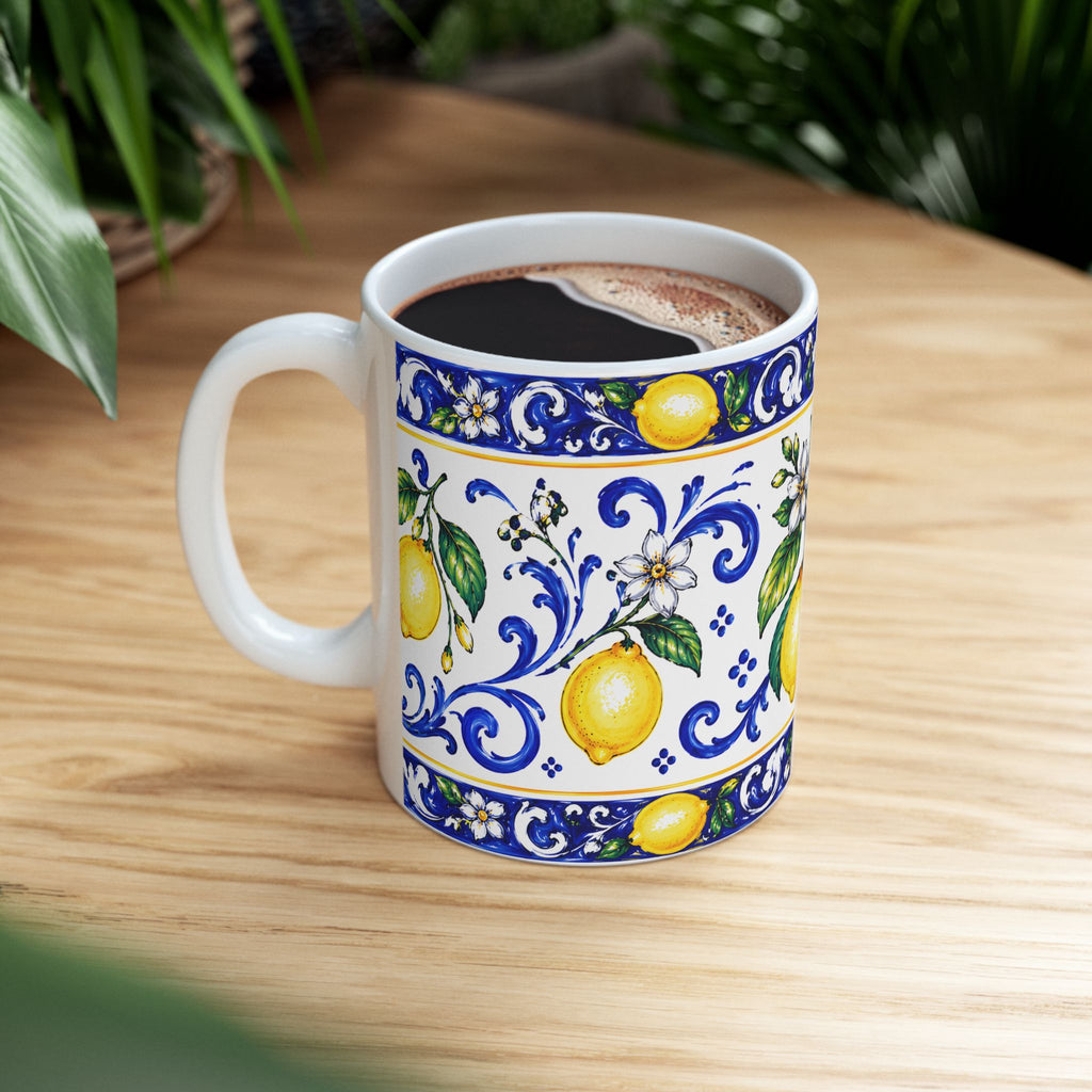 Little Italy Amalfi Blue and White with Lemon Mug — Italian Mediterranean Pattern Coffee Cup (11oz)
