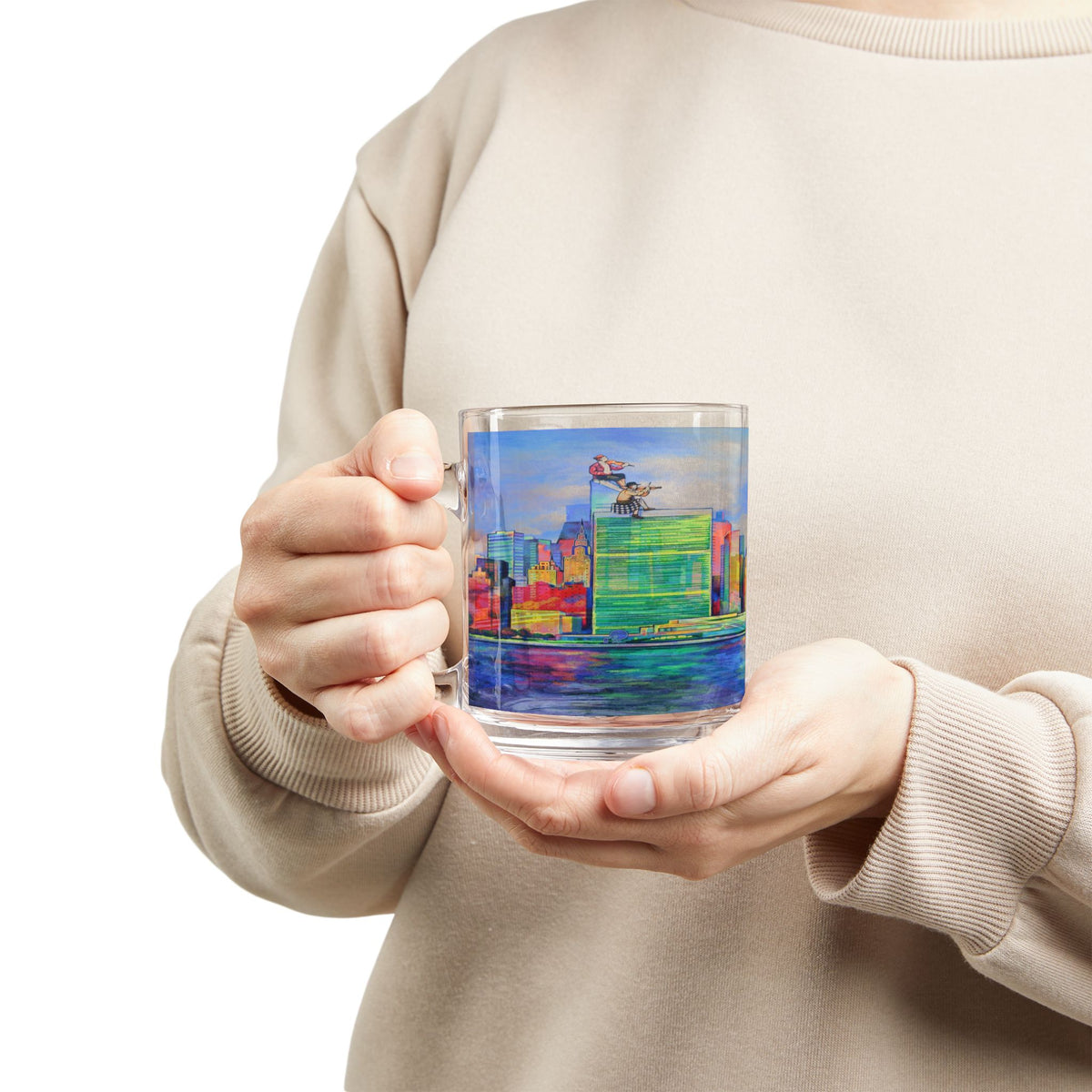 Fiddler on the Manhattan Roof Marc Chagall-inspired Glass Mug | 10oz NYC Manhattan Skyline Pattern