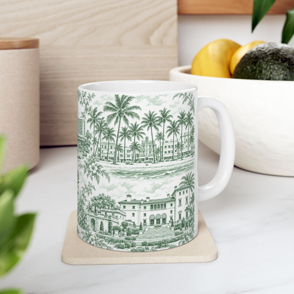 Miami Green Toile de Jouy Ceramic Mug — Vintage Palm Florida Chinoiserie 11oz