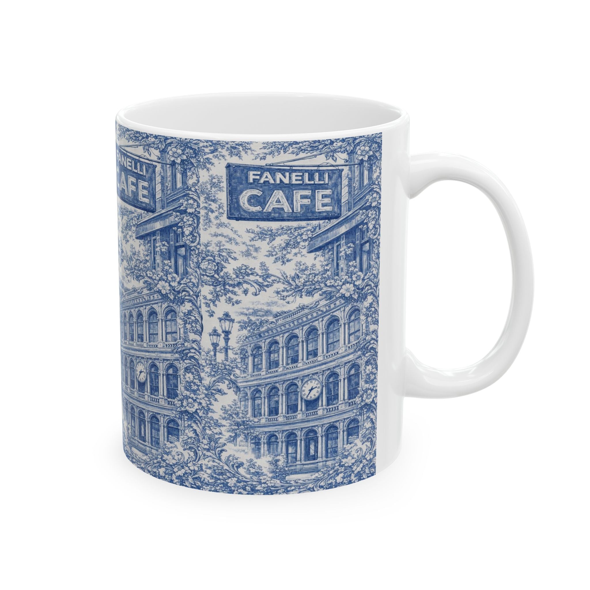 SoHo Blue and White Toile de Jouy Mug | NYC Chinoiserie Ceramic Coffee Cup