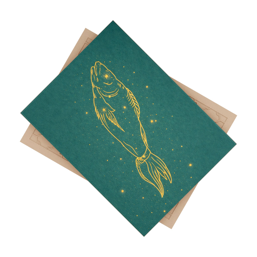 Grand Central Station-inspired Gold Pisces Zodiac Fish on Teal Ceramic Bath Tile (Astrology Home Décor) 6" x 8"