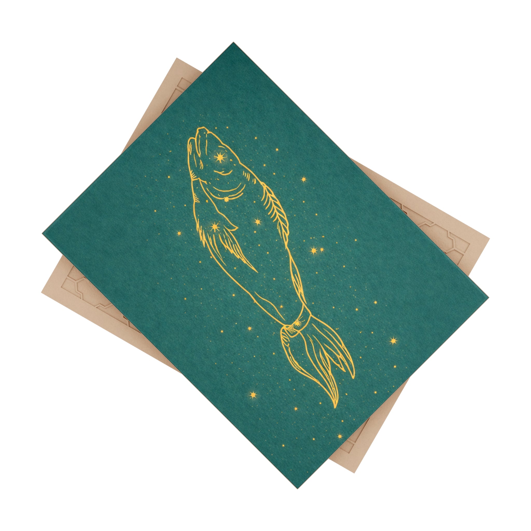 Grand Central Station-inspired Gold Pisces Zodiac Fish on Teal Ceramic Bath Tile (Astrology Home Décor) 6" x 8"