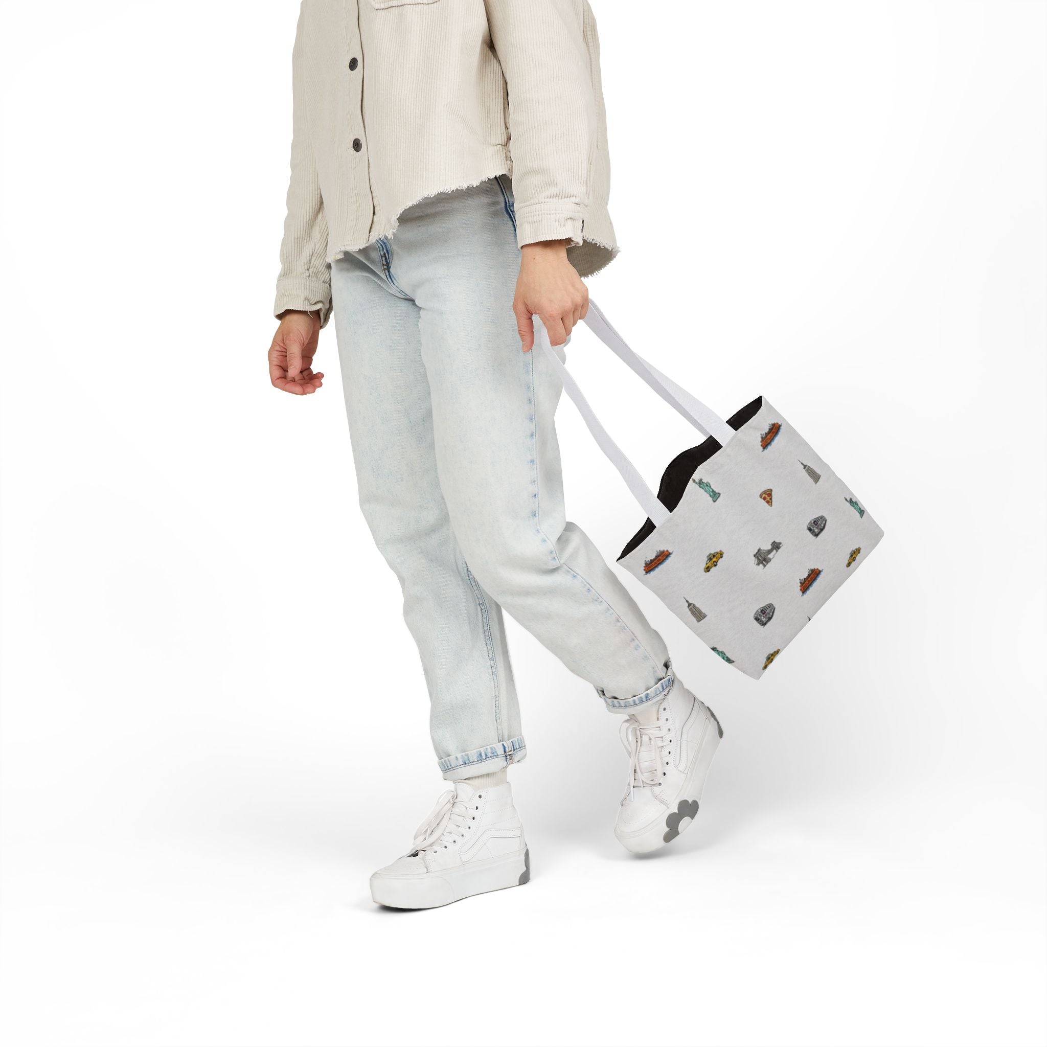 Icons of New York Heather Gray Canvas Tote — Statue of Liberty, Pizza & Taxi Pattern