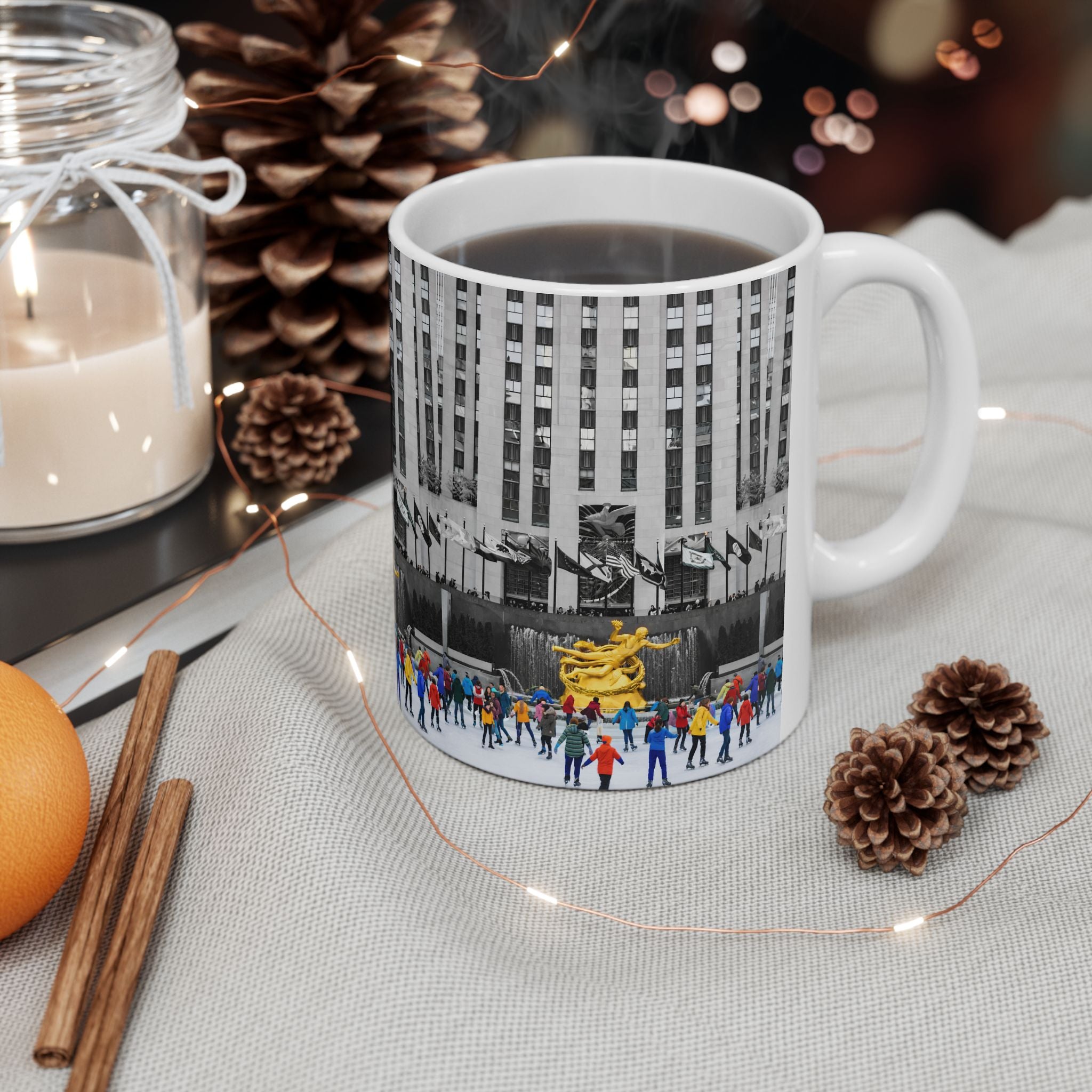 Rockefeller Center Ice Skating Scene Mug | NYC Gold Prometheus Ceramic Coffee Cup