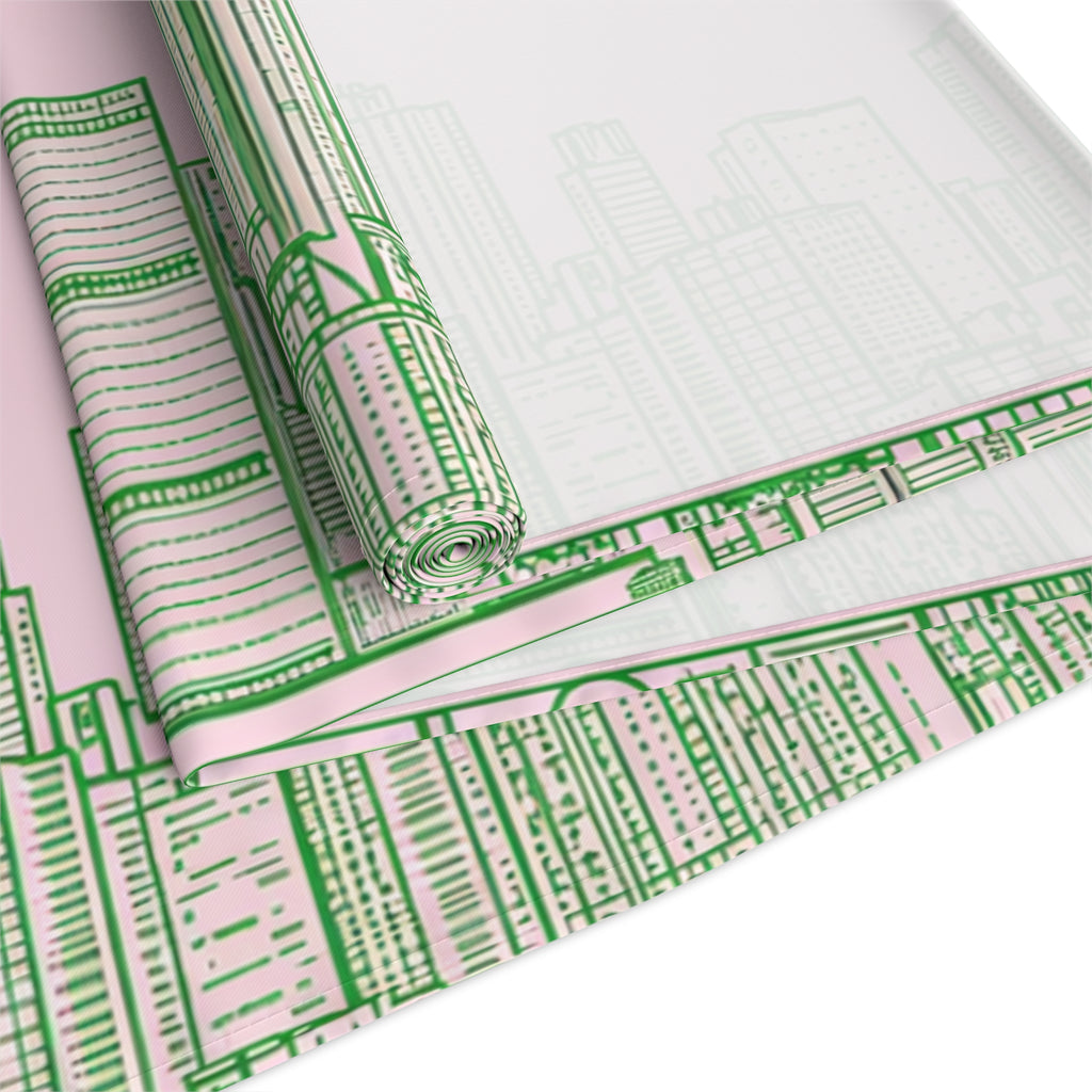 Pink & Green New York City Skyline Table Runner — NYC Manhattan Skyline Dining Table Decor