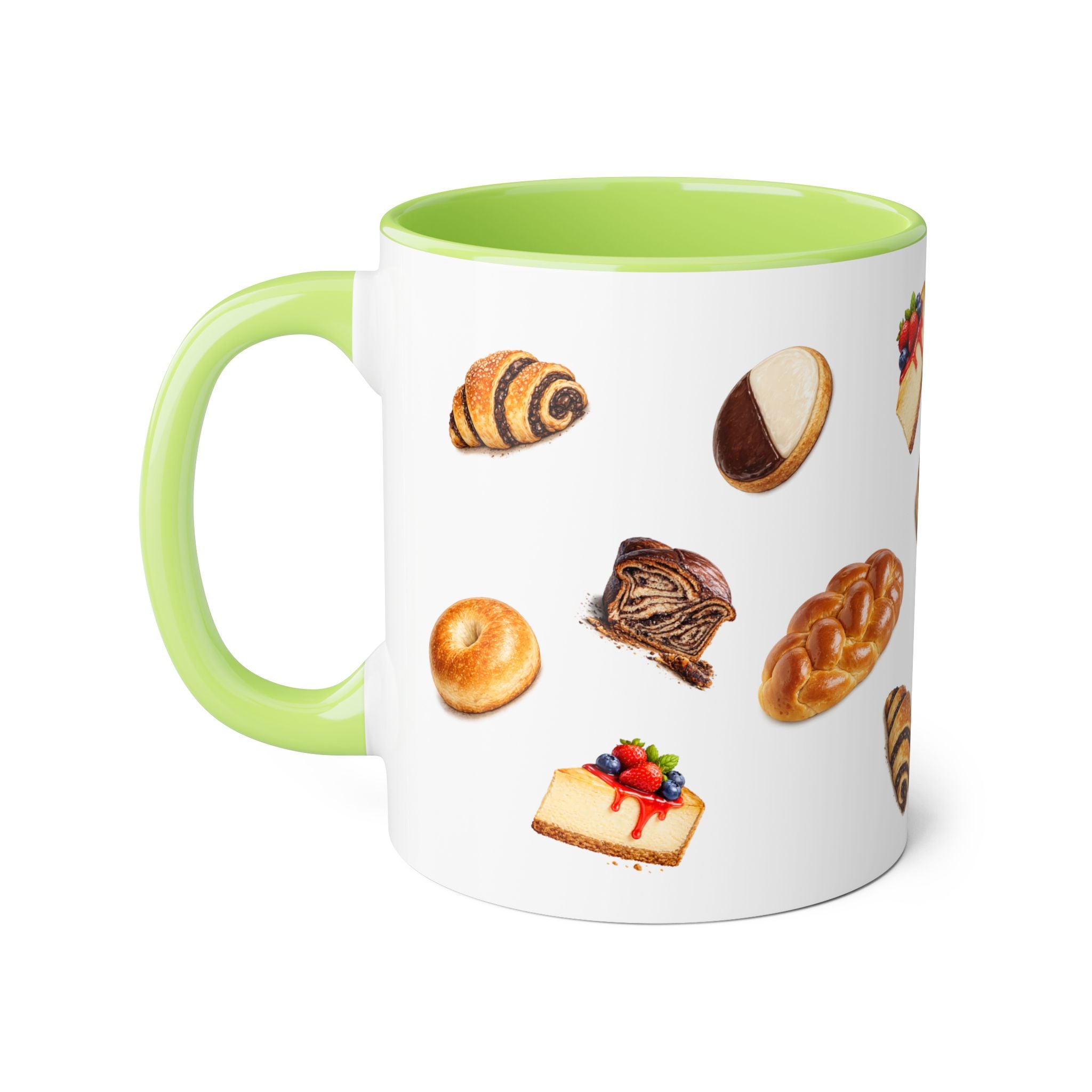 NYC Kosher Bakery Pattern Mug | Babka Cheesecake Rugelach Black + White Cookie Challah Bagel 11oz Ceramic Coffee Cup