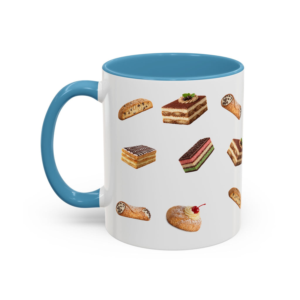NYC Italian Bakery Pattern Accent Mug | Cannoli Rainbow Cookie Zeppoli Tiramisu Biscotti Napoleon 11oz Ceramic Coffee Cup