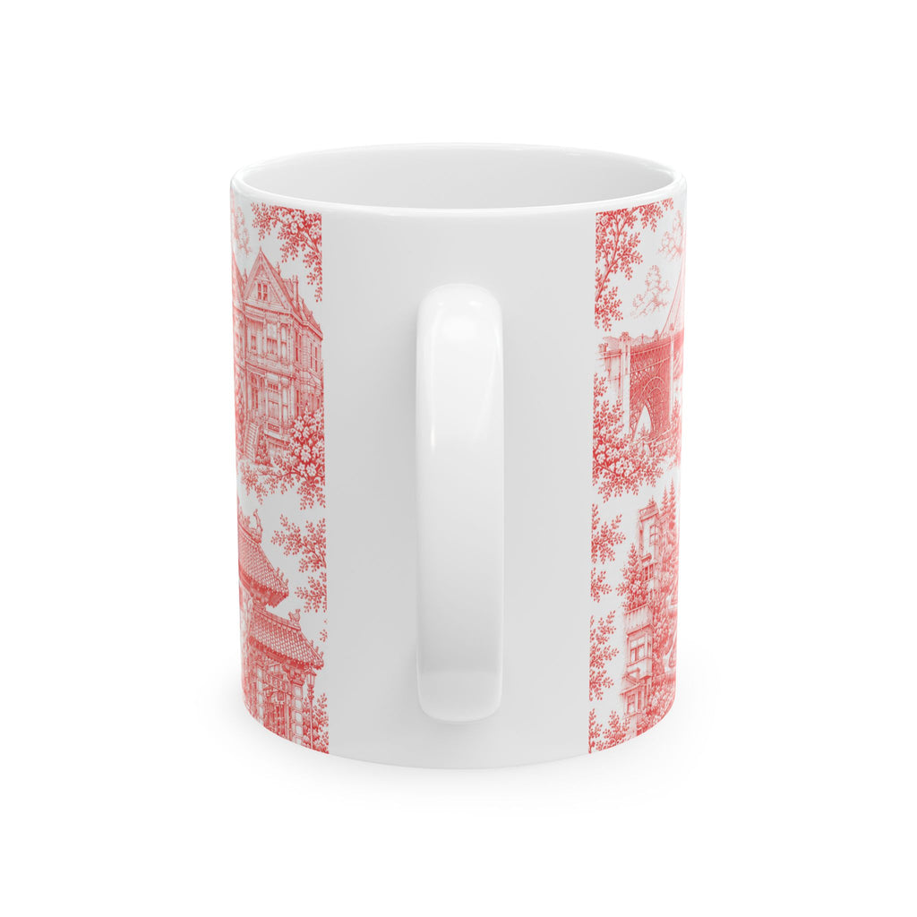 San Francisco RedToile de Jouy Ceramic Mug — Vintage Cable Car & Palace of Fine Arts Design (11oz)