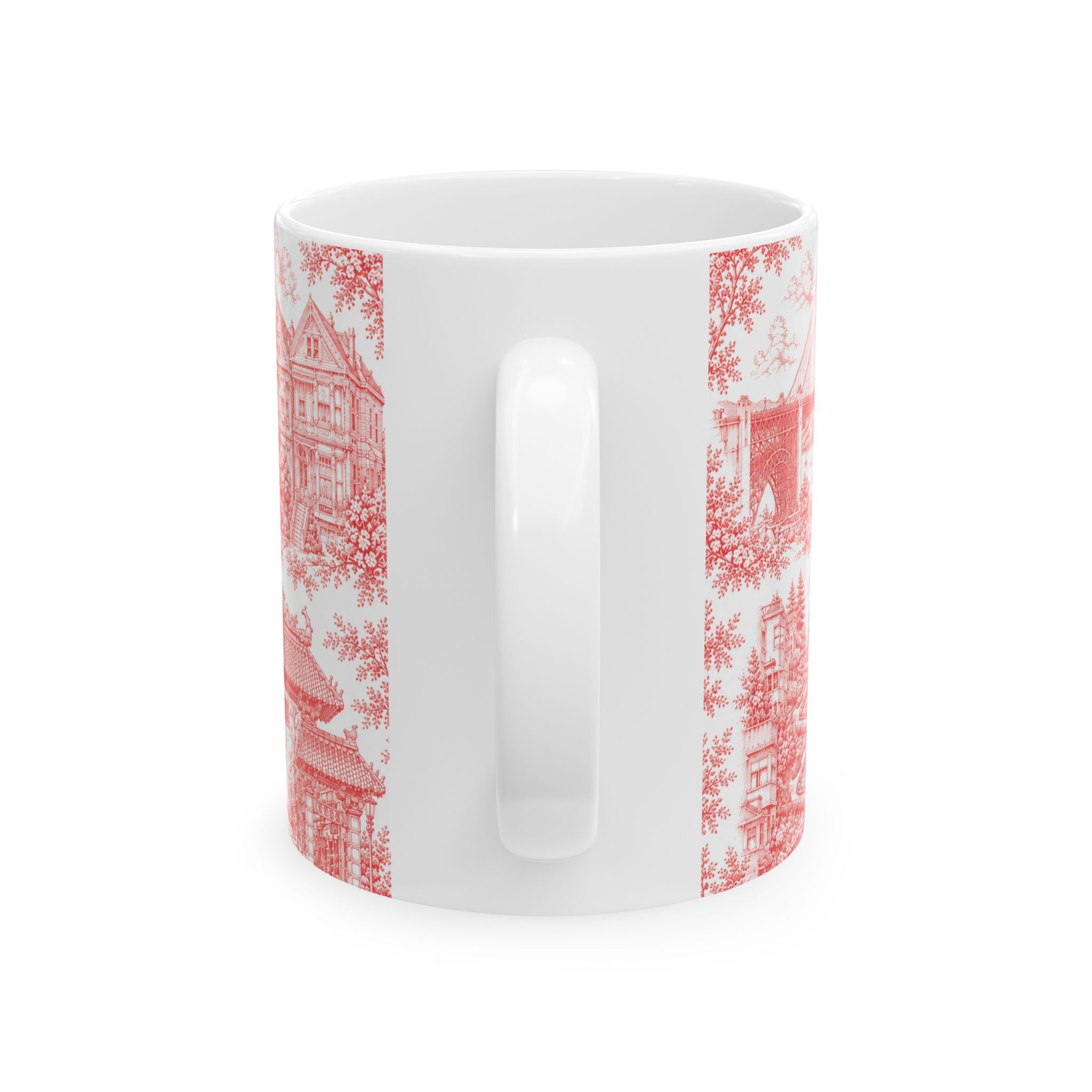 San Francisco RedToile de Jouy Ceramic Mug — Vintage Cable Car & Palace of Fine Arts Design (11oz)