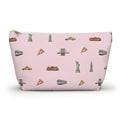 Icons of New York City  Large Pink Accessory Pouch — T-Bottom Makeup Bag with Statue of Liberty, Taxi & Pizza Pattern