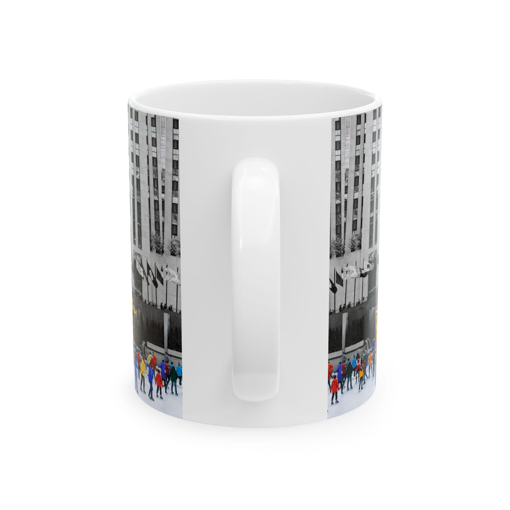 Rockefeller Center Ice Skating Scene Mug | NYC Gold Prometheus Ceramic Coffee Cup