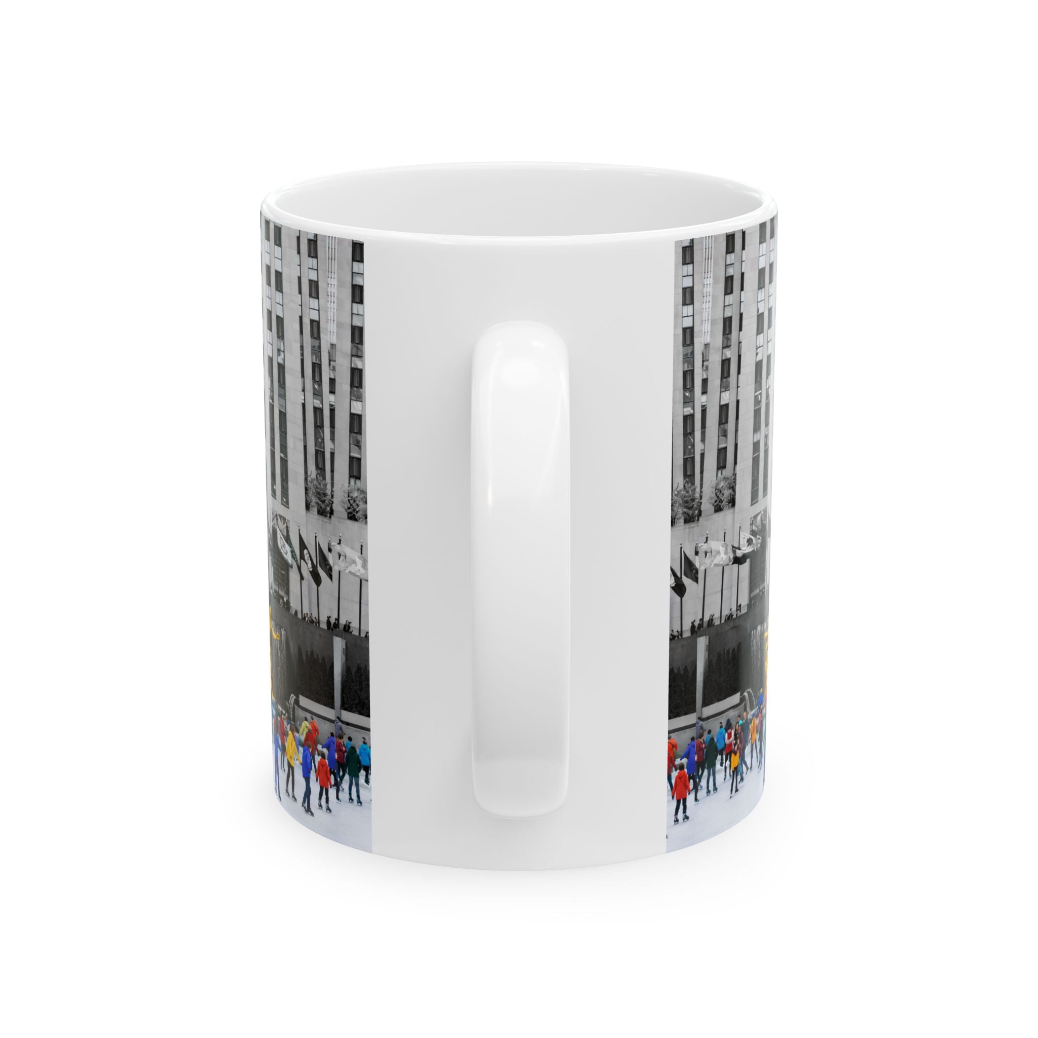 Rockefeller Center Ice Skating Scene Mug | NYC Gold Prometheus Ceramic Coffee Cup