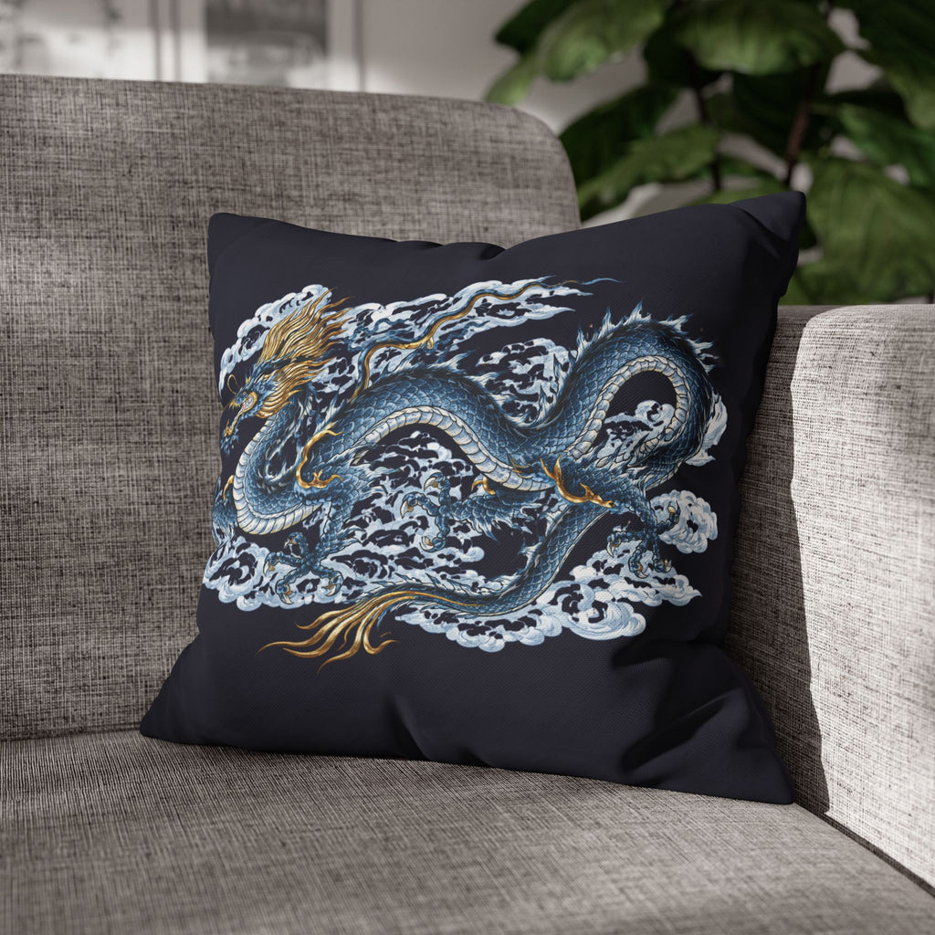 Chinatown Blue Dragon Square 16" x 16" Pillowcase – Dark Blue Decorative Throw Pillow Cover (Pillow Not Included)
