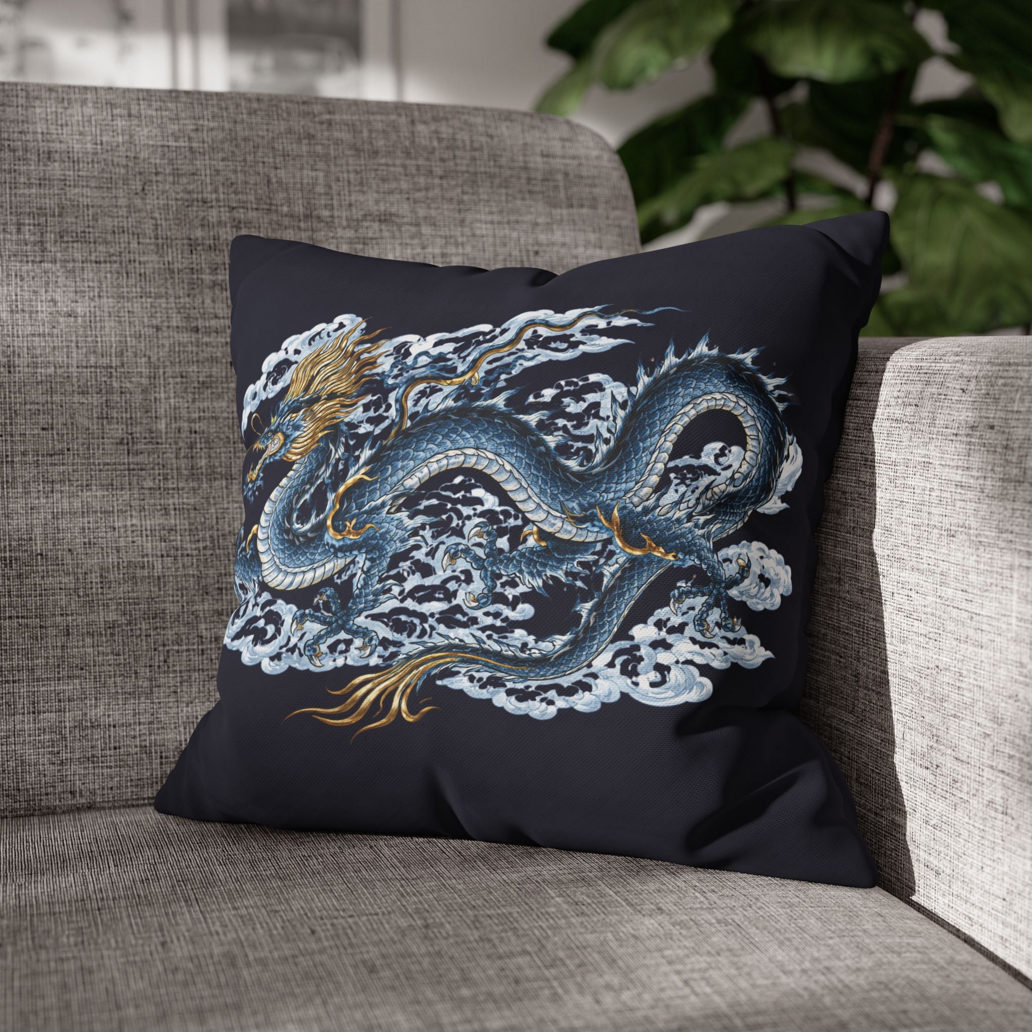 Chinatown Blue Dragon Square 16" x 16" Pillowcase – Dark Blue Decorative Throw Pillow Cover (Pillow Not Included)