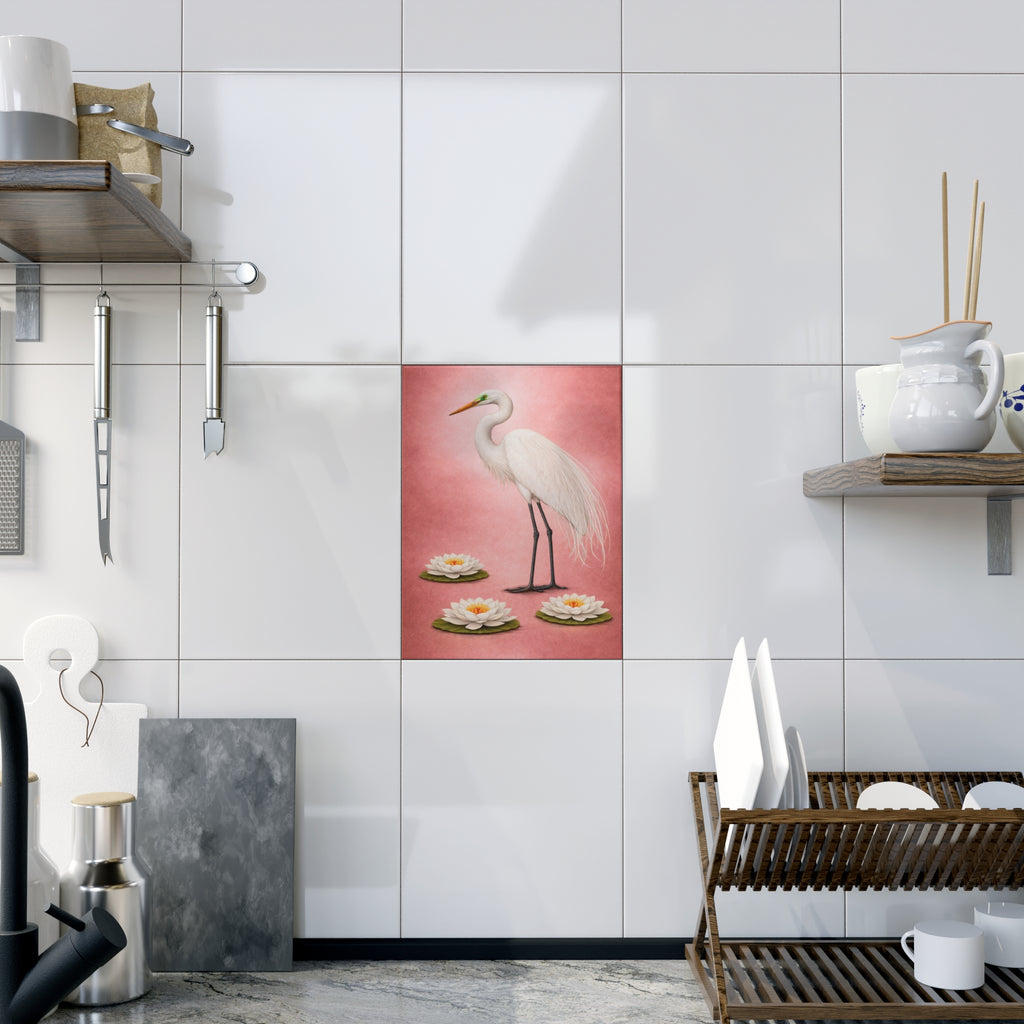 Jamaica Bay Art Deco Great Egret on Rose Gold Ceramic Shower Tile - Coastal Ceramic Bath Tile