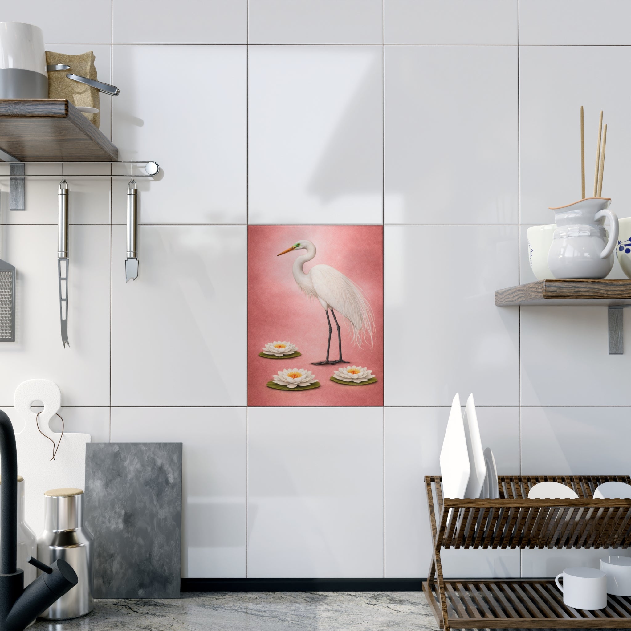 Jamaica Bay Art Deco Great Egret on Rose Gold Ceramic Shower Tile - Coastal Ceramic Bath Tile