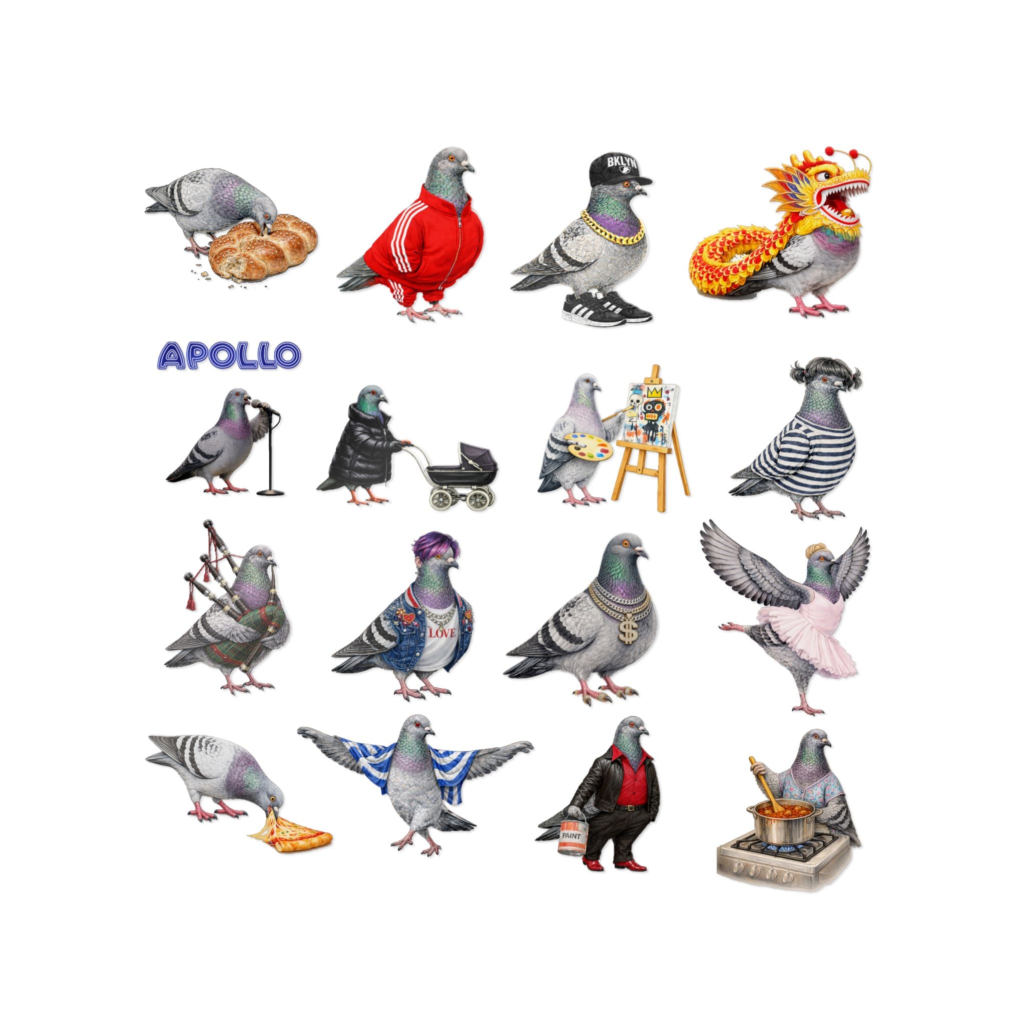 NYC Pigeon Sticker Sheet 2 — 16 More Quirky New York Pigeon Characters
