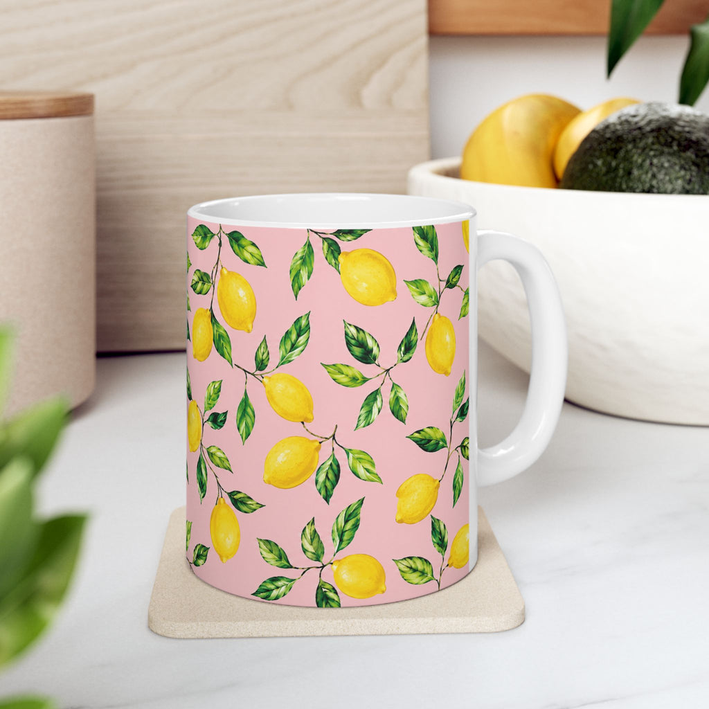 Little Italy Amalfi Pink with Lemon Mug 4— Italian Mediterranean Pattern Coffee Cup (11oz)