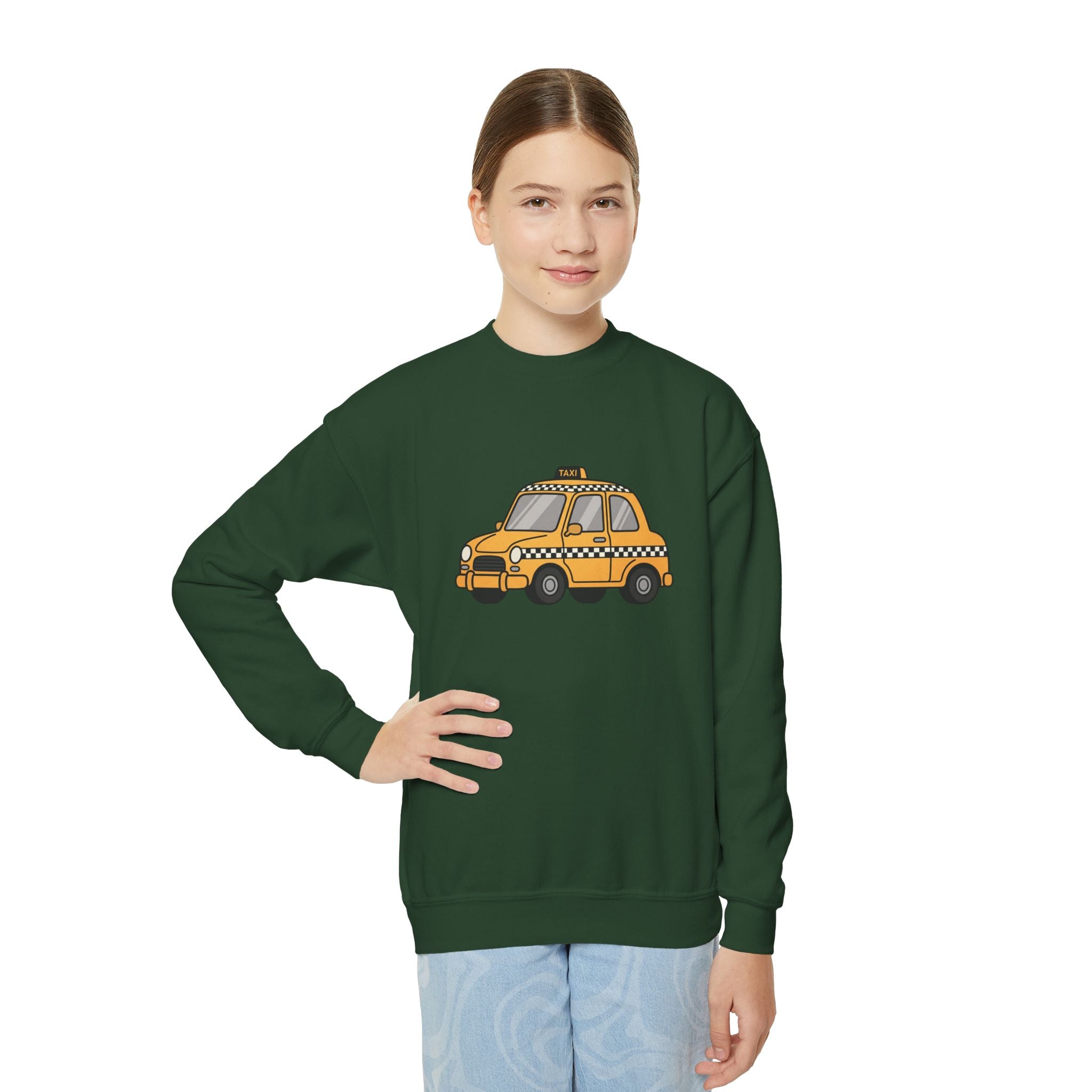 Taxi Cab NYC Kids Crewneck Sweatshirt — Yellow Checkered Taxi Cab Cartoon Graphic Childrens Sweater