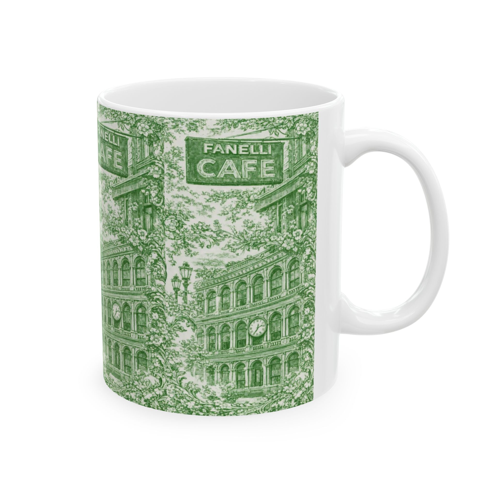 SoHo Green and White Toile de Jouy Mug | NYC Chinoiserie Ceramic Coffee Cup
