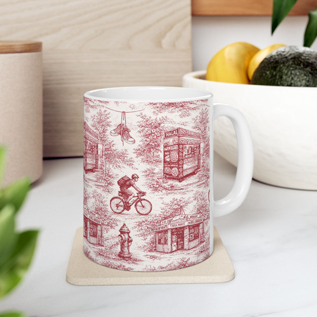 NYC Red and White Toile Mug | Chinoiserie Ceramic Coffee Cup