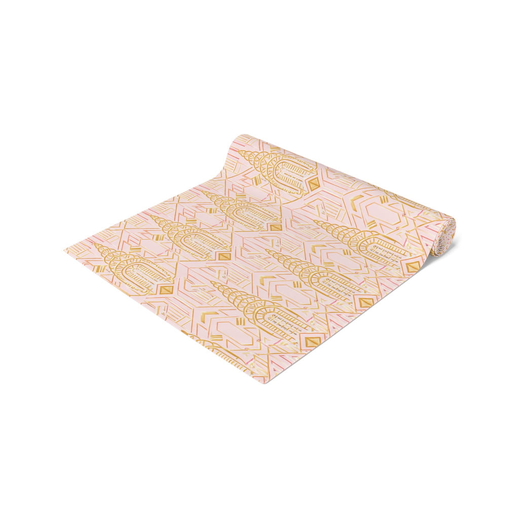 Art Deco Chrysler Building Pale Pink & Gold Table Runner — NYC Elegant Geometric Tabletop Dining Decor