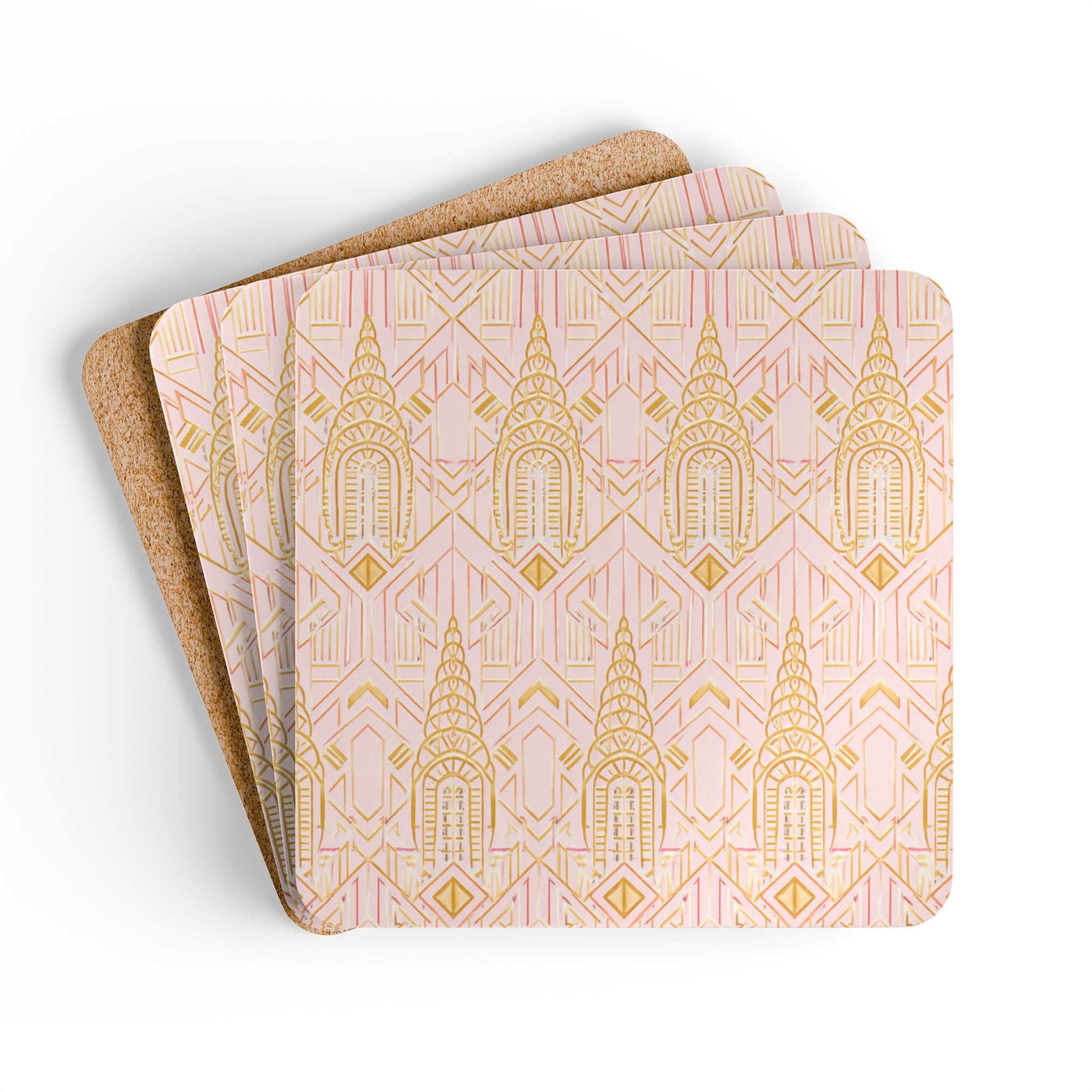 Art Deco Chrysler Building Gold & Pink Cork Coaster Set — Geometric Cocktail Coasters (4-Pack)