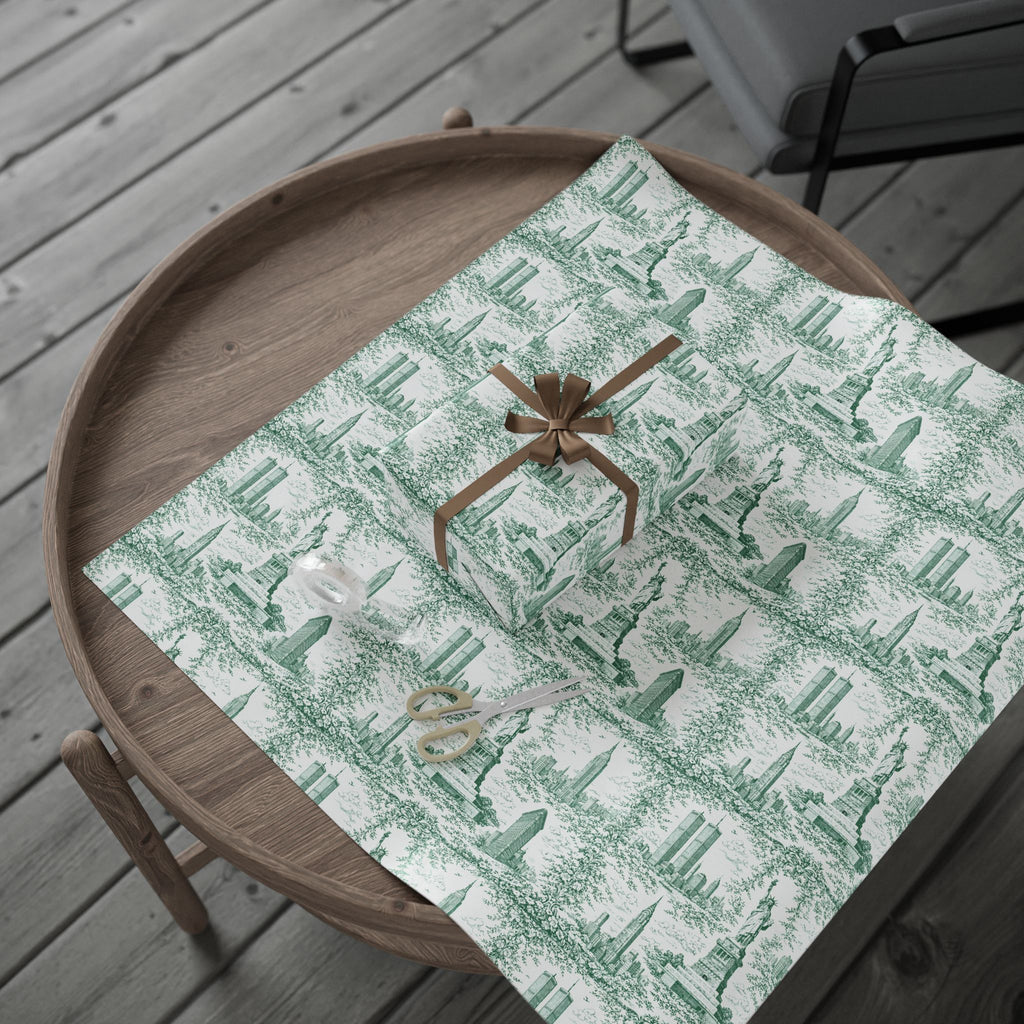 Manhattan NYC Green Toile Gift Wrapping Papers   Chinoiserie Old New York City Gift Wrap Empire State Building Twin Towers Statue of Liberty