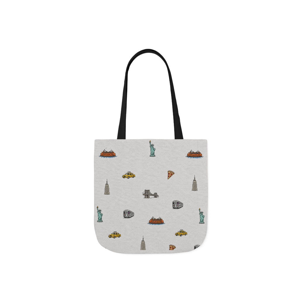 Icons of New York Heather Gray Canvas Tote — Statue of Liberty, Pizza & Taxi Pattern