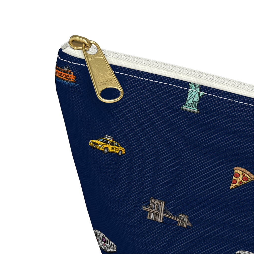 Icons of New York City Navy Blue Accessory Pouch — T-Bottom Makeup Bag with Statue of Liberty, Taxi & Pizza Pattern