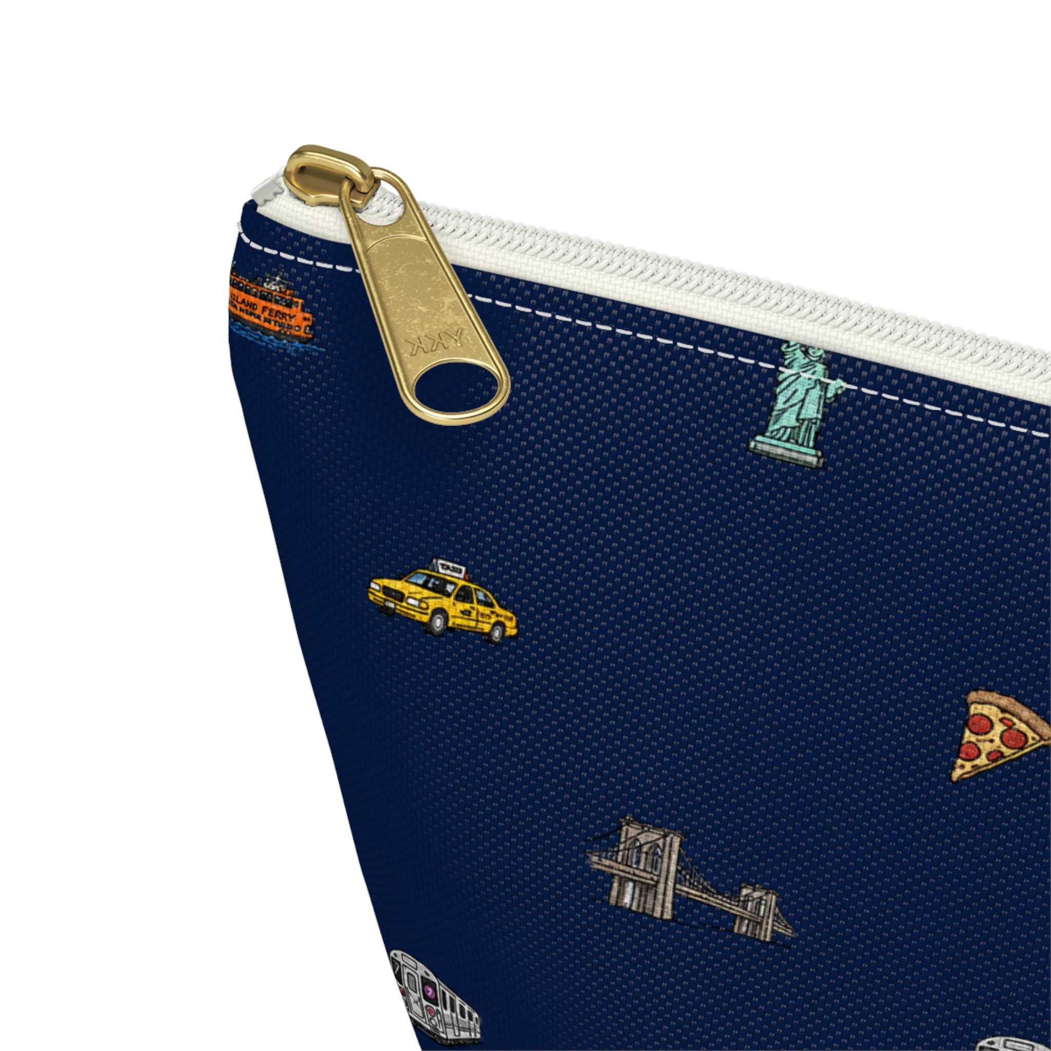 Icons of New York City Navy Blue Accessory Pouch — T-Bottom Makeup Bag with Statue of Liberty, Taxi & Pizza Pattern