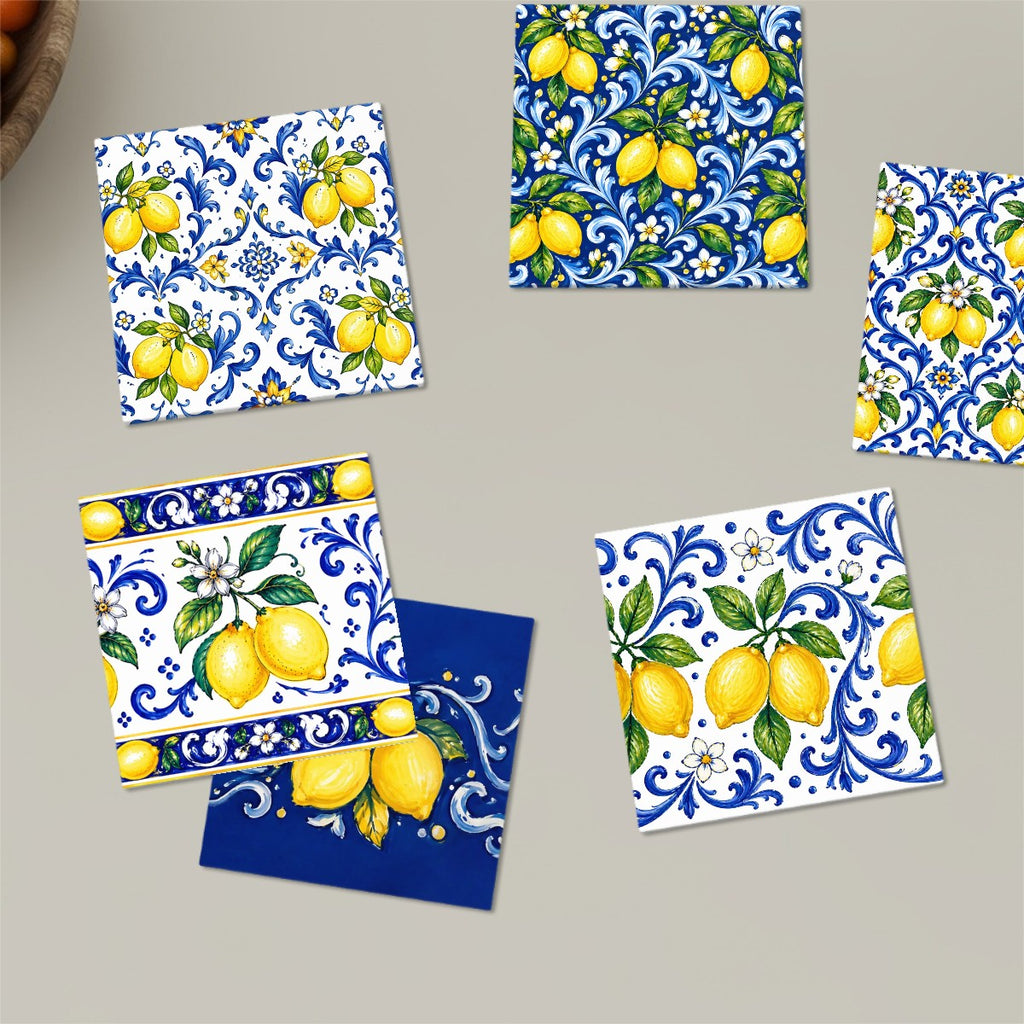 Little Italy Amalfi Blue and White with Lemon Majolica Tile-Style Coaster Set of Six