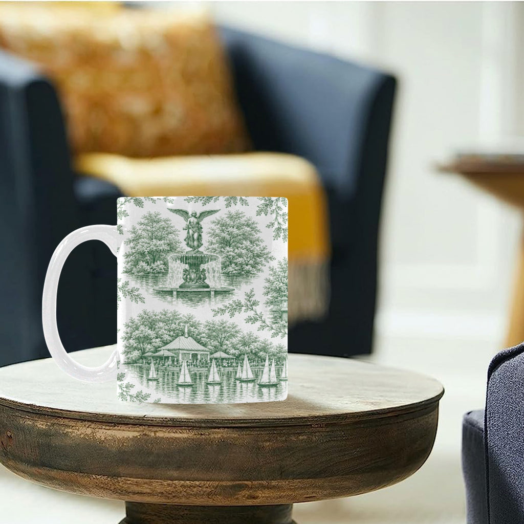 Central Park Green Toile de Jouy Mug | Manhattan Chinoiserie Ceramic Coffee Cup Custom White Mug (11oz)