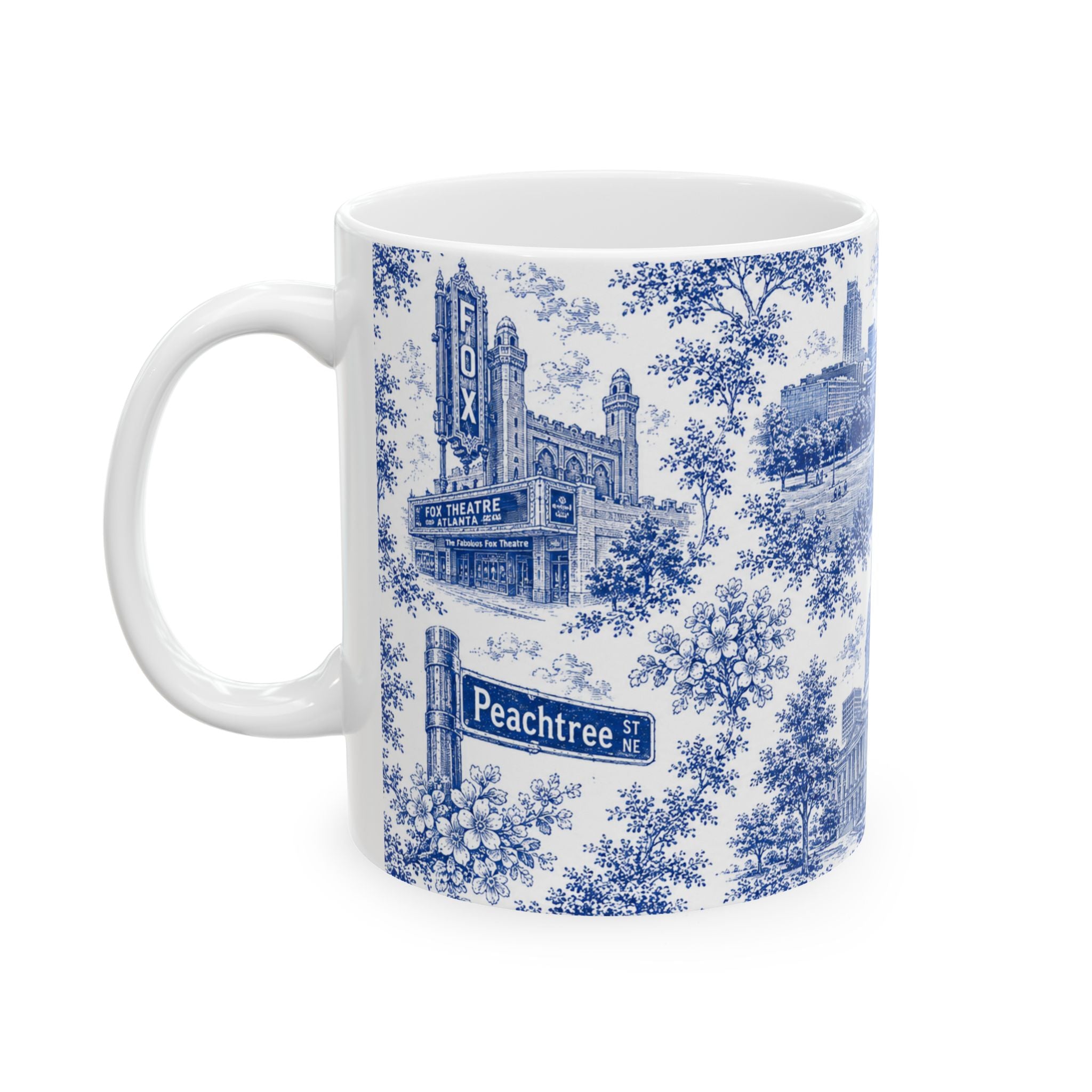 Atlanta Blue Toile de Jouy Ceramic Mug — Atlanta, Georgia Skyline & Capitol Illustration (11oz)