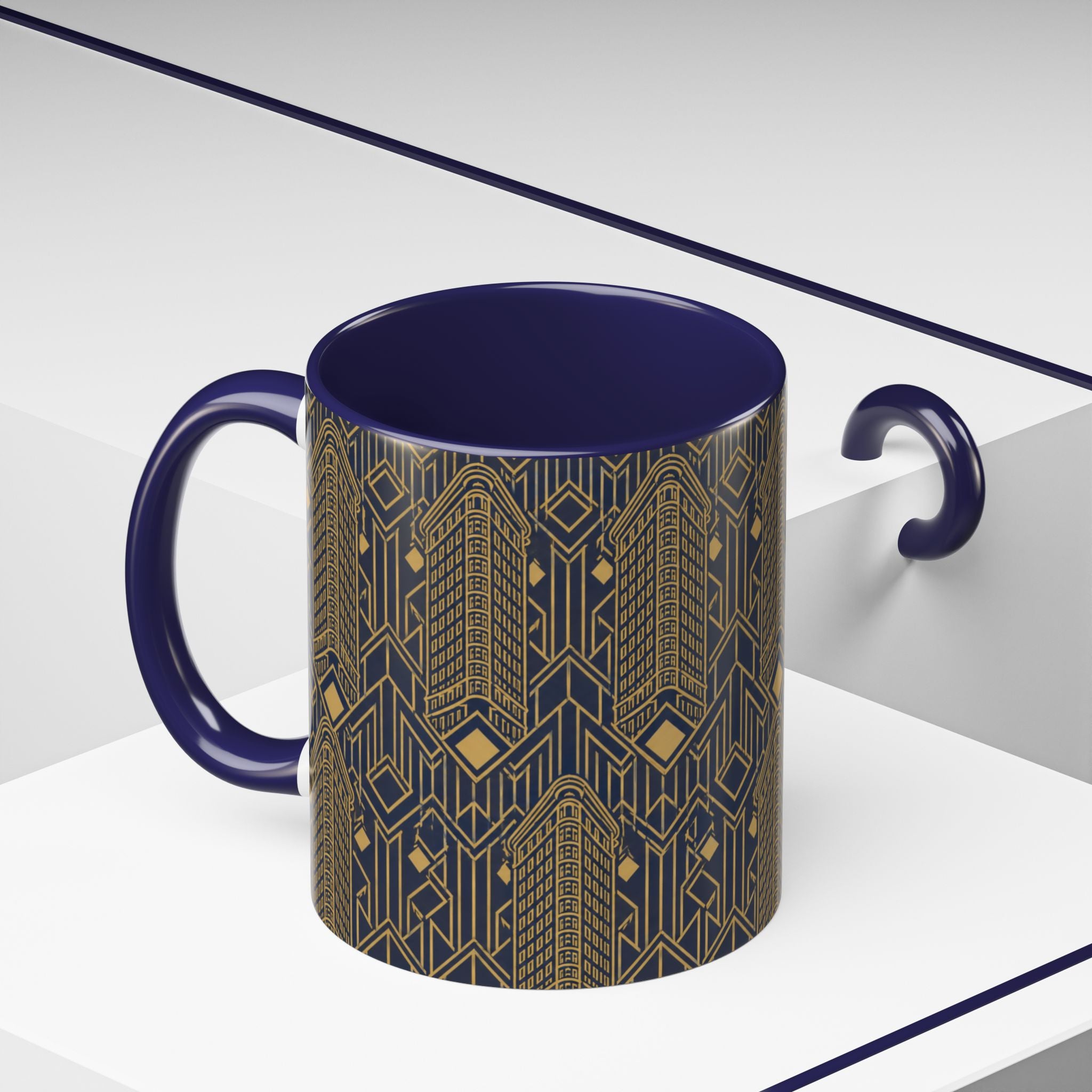 Art Deco Flatiron Building Navy & Gold Accent Coffee Mug — Manhattan Art Deco Pattern 11 oz