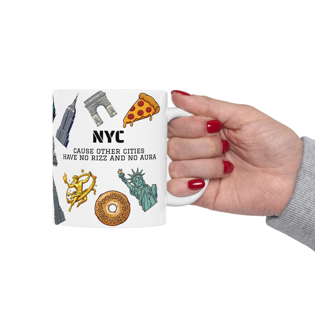 NYC Icons Rizz and Aura Mug | New York City Landmark Collage Ceramic Coffee Tea Mug