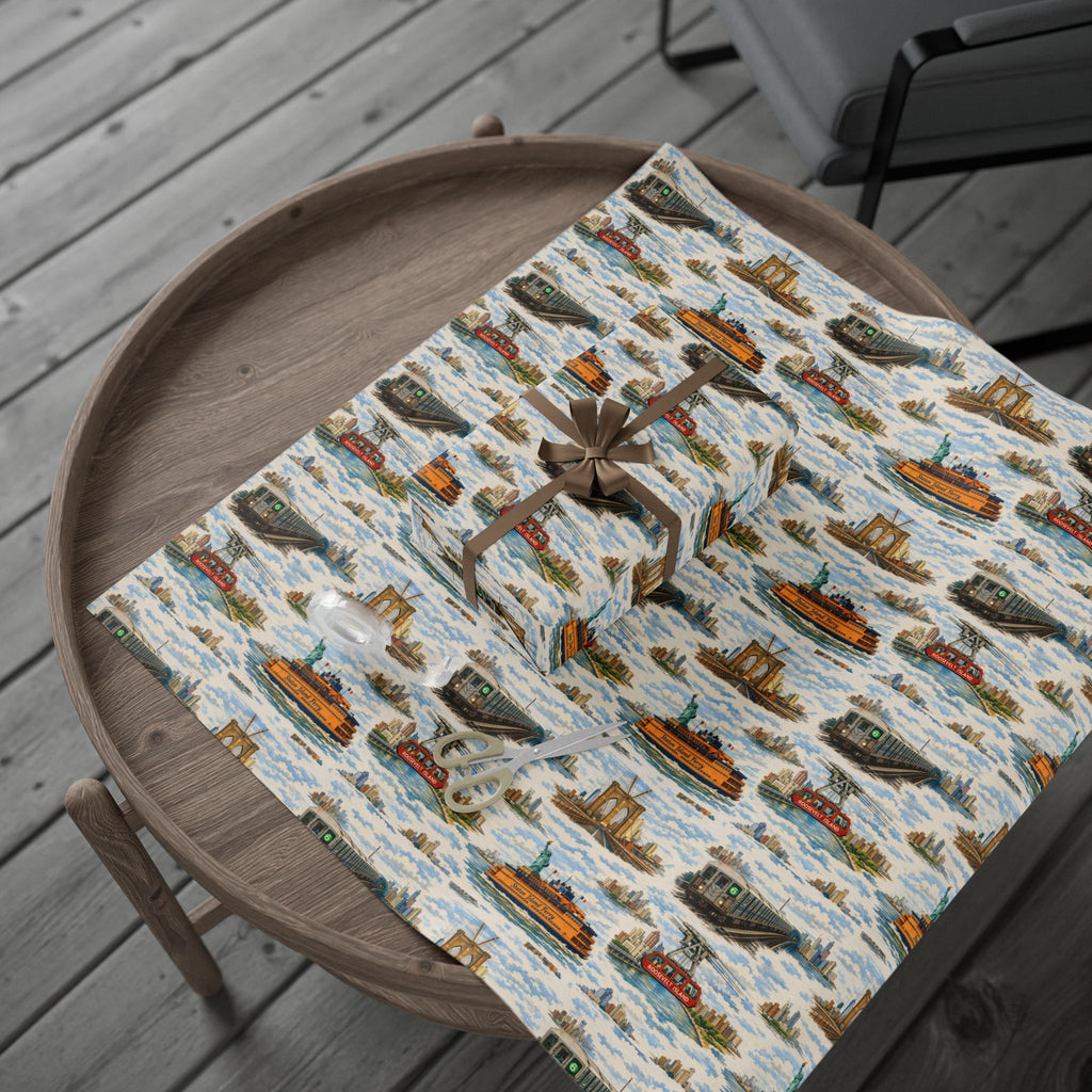NYC Commuter Bridge & Tunnel Proud Toile NYC Gift Wrapping Paper | New York City Transit Subway Ferry Toile Pattern Roll