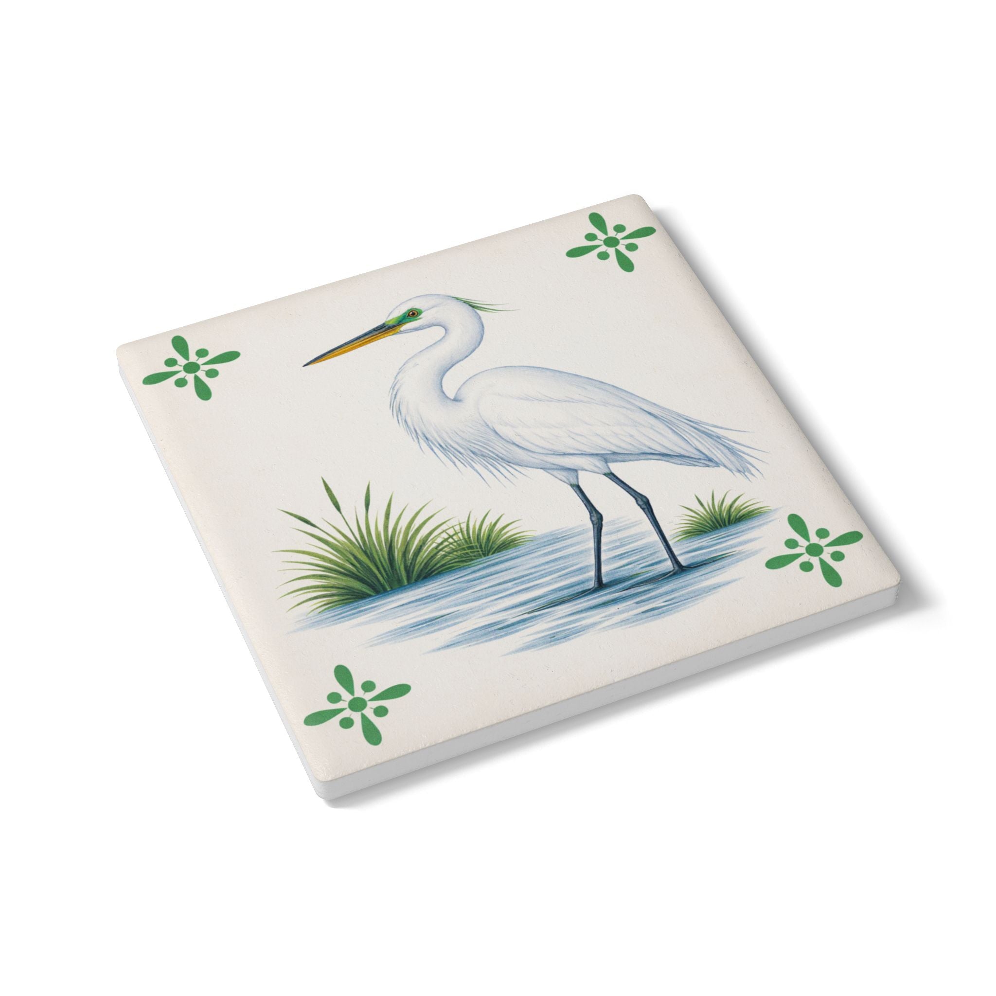Jamaica Bay Great Egret Ceramic Coaster – Azulejos-style Tile Drink Coaster