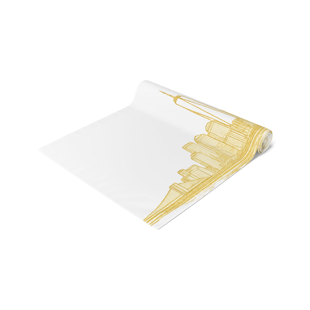 Gold Downtown New York City Skyline Table Runner — NYC Downtown Manhattan Cityscape Table Decor for Modern Dining