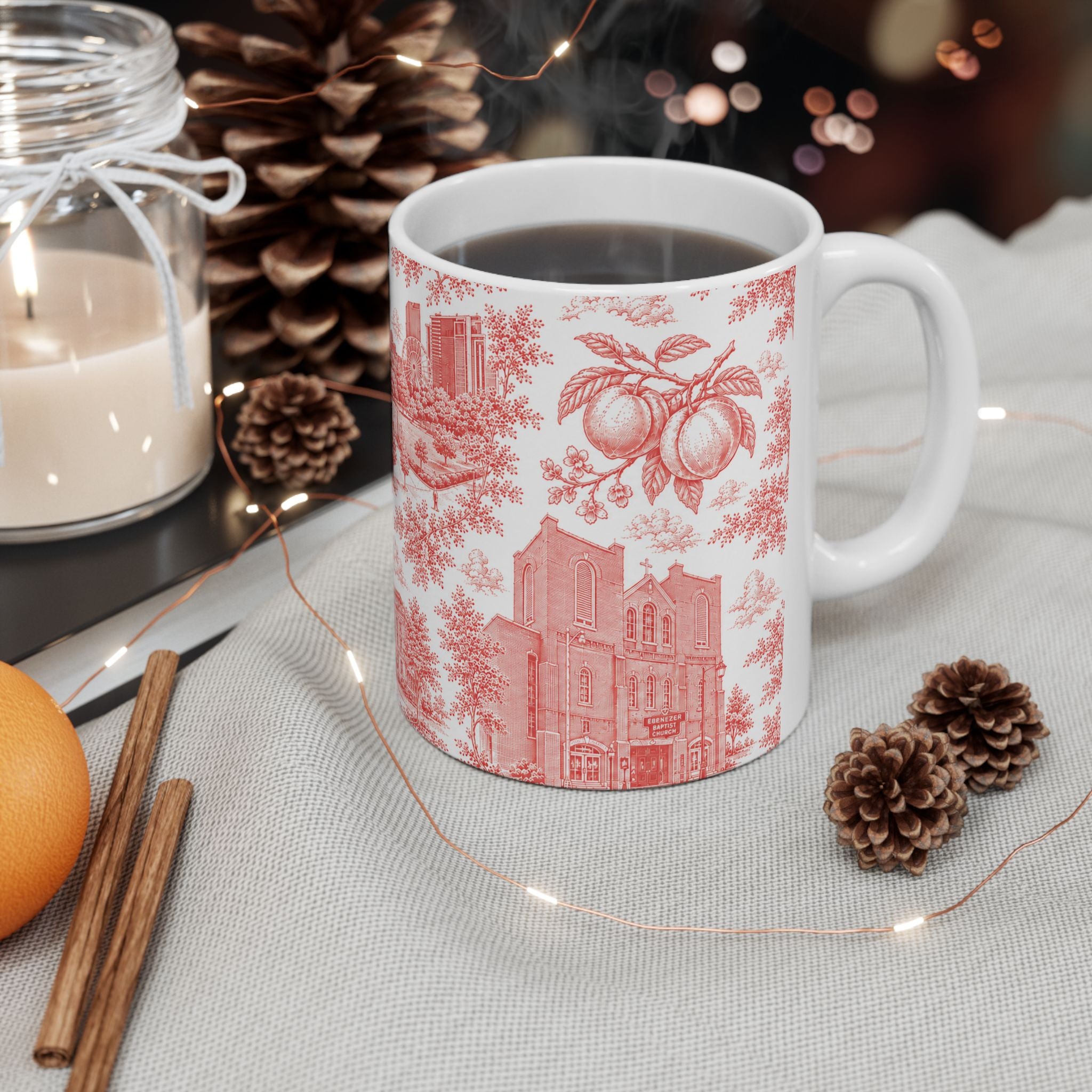 Atlanta Red Toile de Jouy Ceramic Mug — Atlanta, Georgia Skyline & Capitol Illustration (11oz)