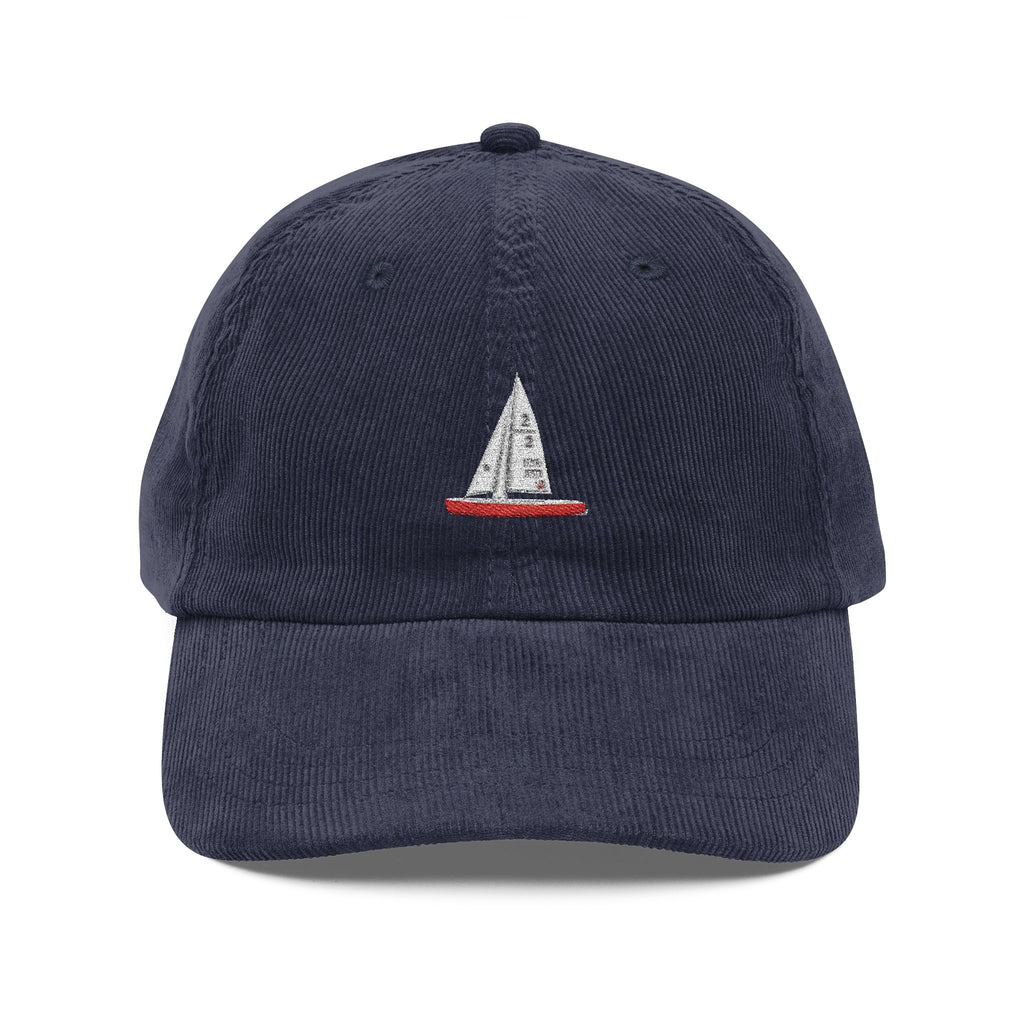 Central Park Model Sailboat Embroidered Corduroy Cap — Navy Trucker Hat